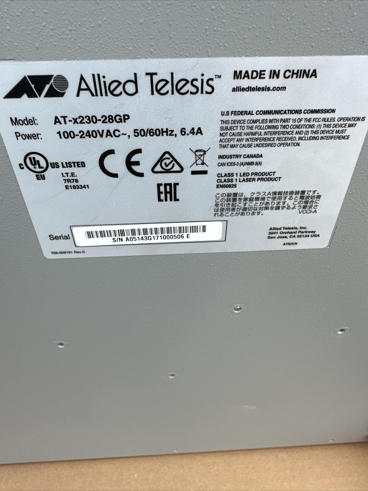 ALLIED TELESIS AT-X230-28GP-10 EDGE SWITCH 990-004647-10 VERINT BA-SW-28POE+