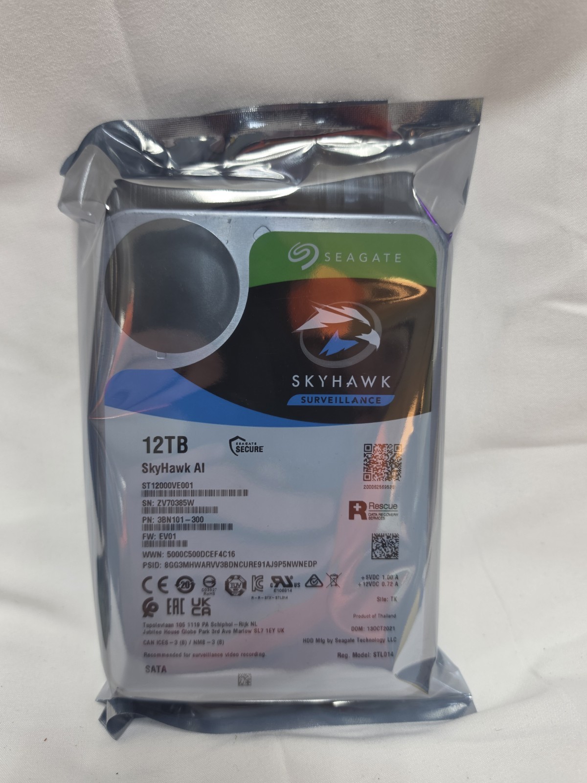 Seagate SkyHawk AI 12TB 3.5" SATA 7200RPM ST12000VE001-Wiped & S.M.A.R.T. Passed