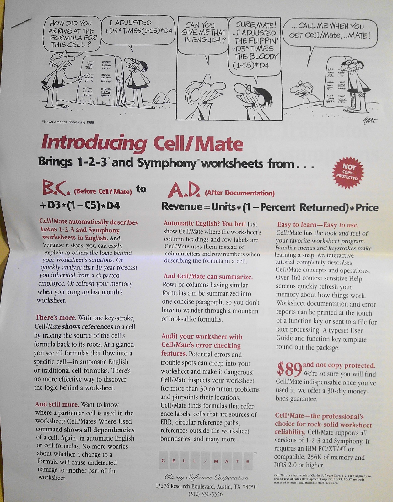 CELL/MATE Promo literature, 1986 - converts Lotus 1-2-3 worksheets to English