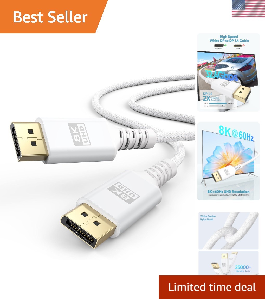 8K White DisplayPort Cable 3.3FT, Display Port 1.4 Cable DP Cord