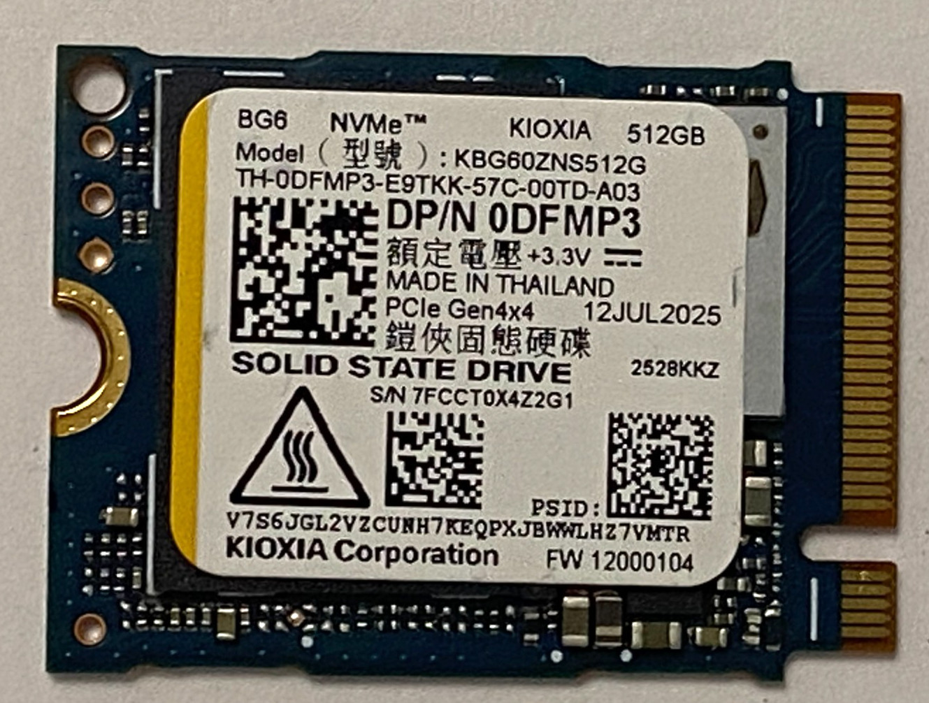 OEM KIOXIA 512GB GEN 4x4 NVMe PCIe M.2 2230 SSD KBG60ZNS512G DELL 0DFMP3