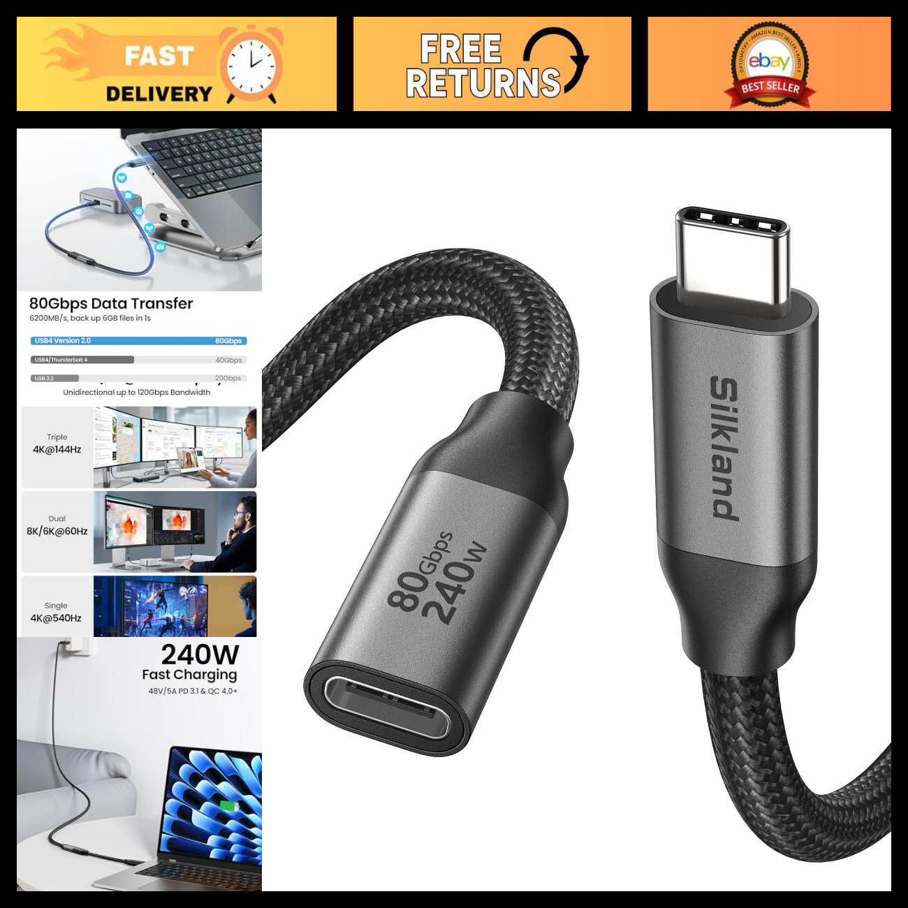 80Gbps USB4 USB C Extension Cable 240W for Thunderbolt 5/4, 6.6FT - High-Speed D