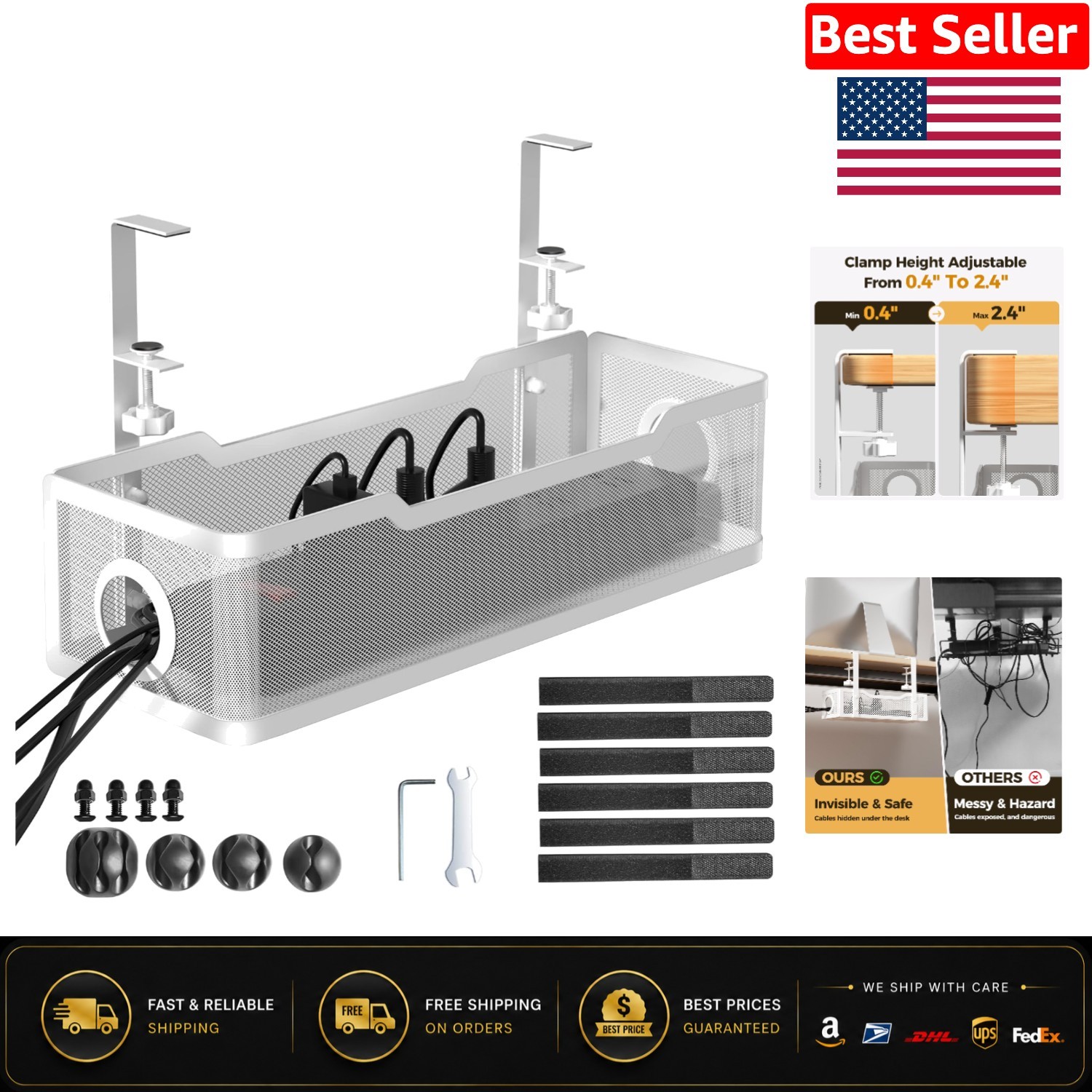 White Under Desk Cable Management Tray - Clamp Installation, No Drilling Needed
