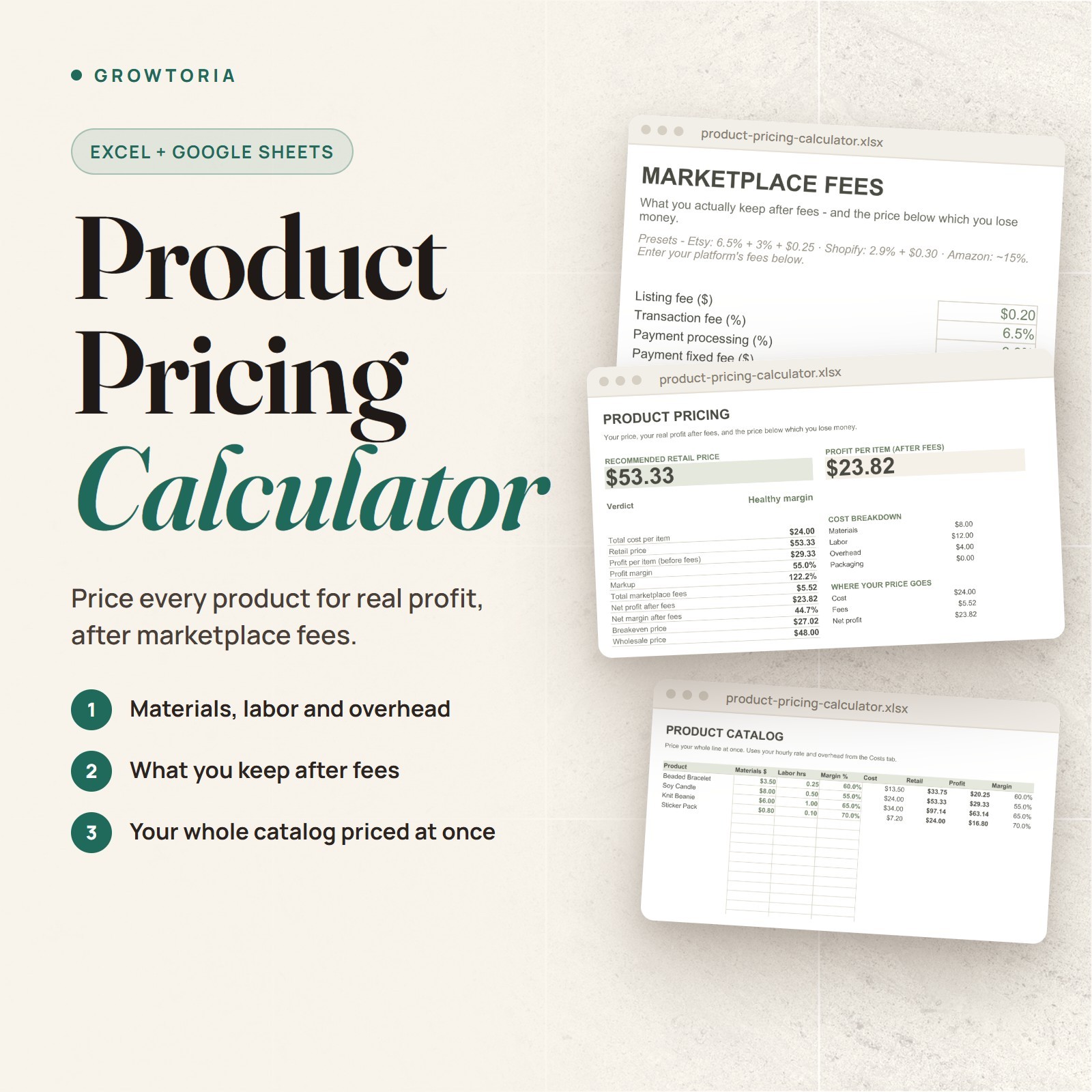 Product Pricing Calculator Spreadsheet Excel Google Sheets Profit Break-Even