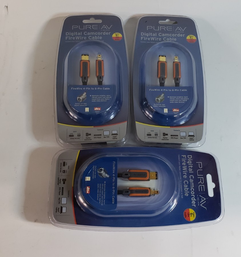 Lot of 3 Pure AV by Belkin Digital Camcorder FireWire Cable 4-pin To 6-pin