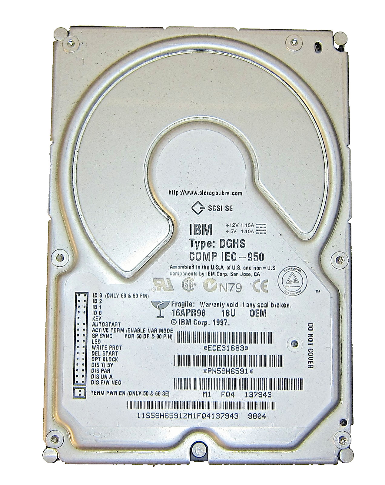 18.2GB IBM DGHS COMP IEC-950 DGHS18U 68-Pin Wide SCSI 3.5" Hard Disk Drive