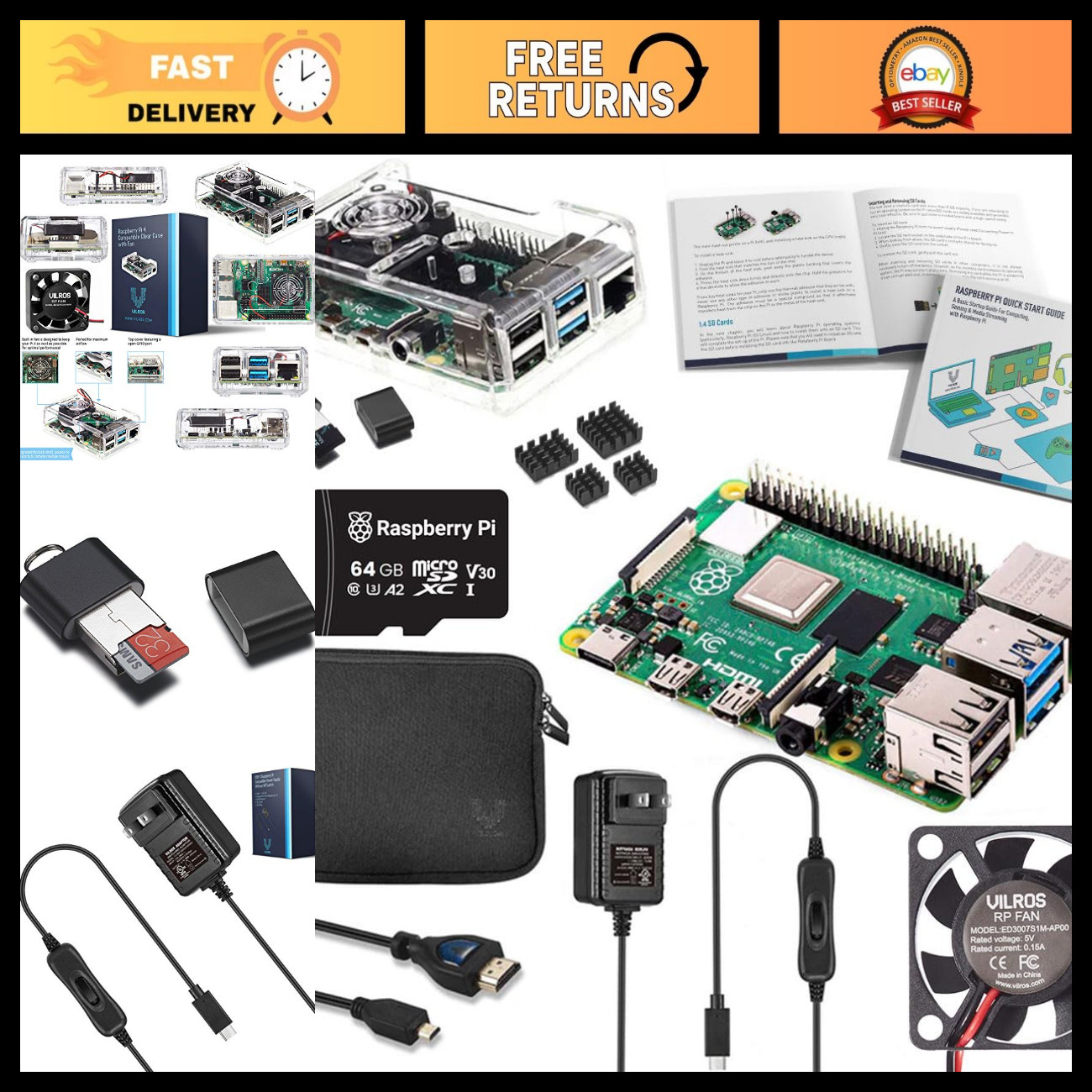 Raspberry Pi 4 Complete Starter Kit - 64GB Micro SD, Fan Cooled Case, 8GB RAM
