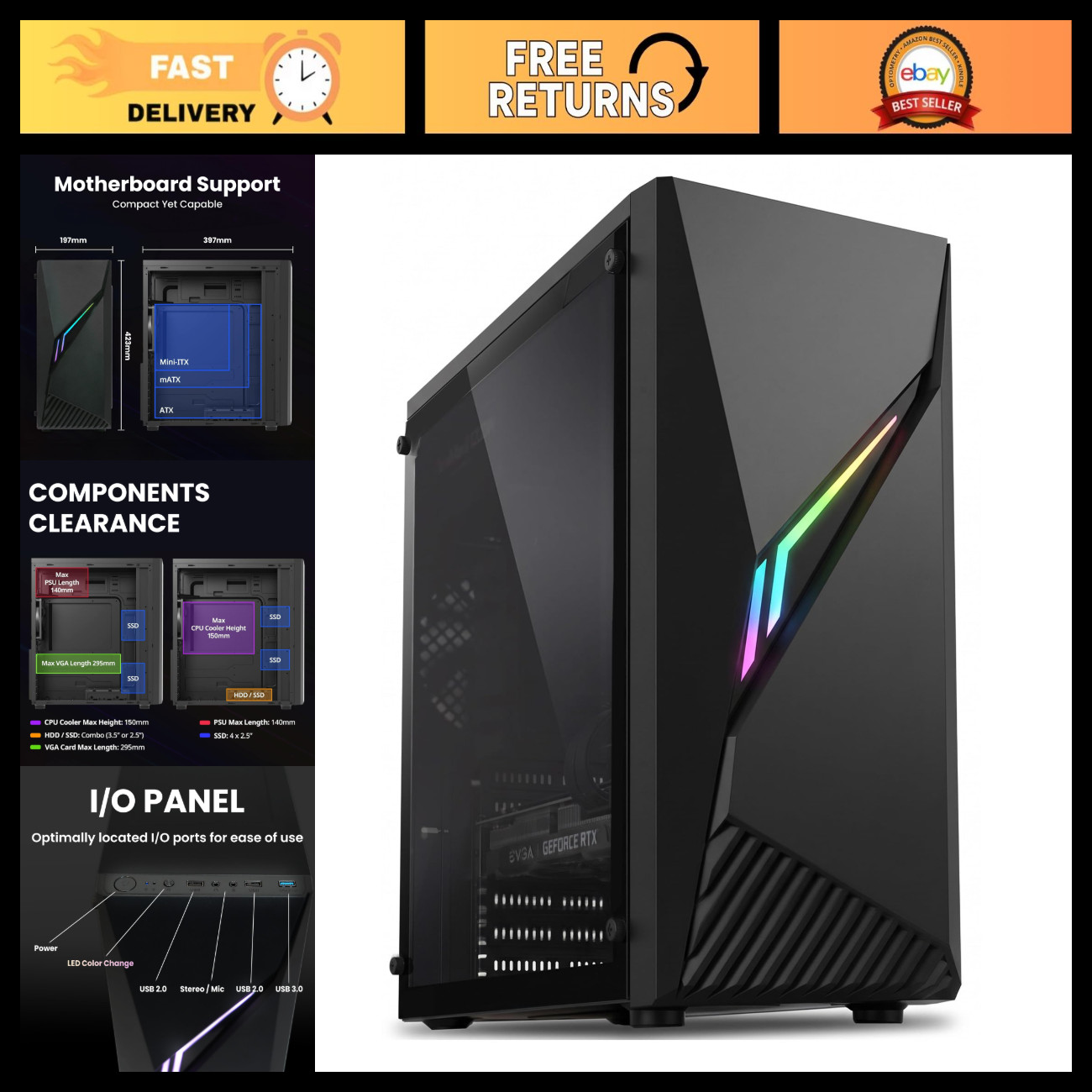RGB Mid-Tower Gaming PC Case ATX, Tempered Glass, LED Fans, Customizable Design