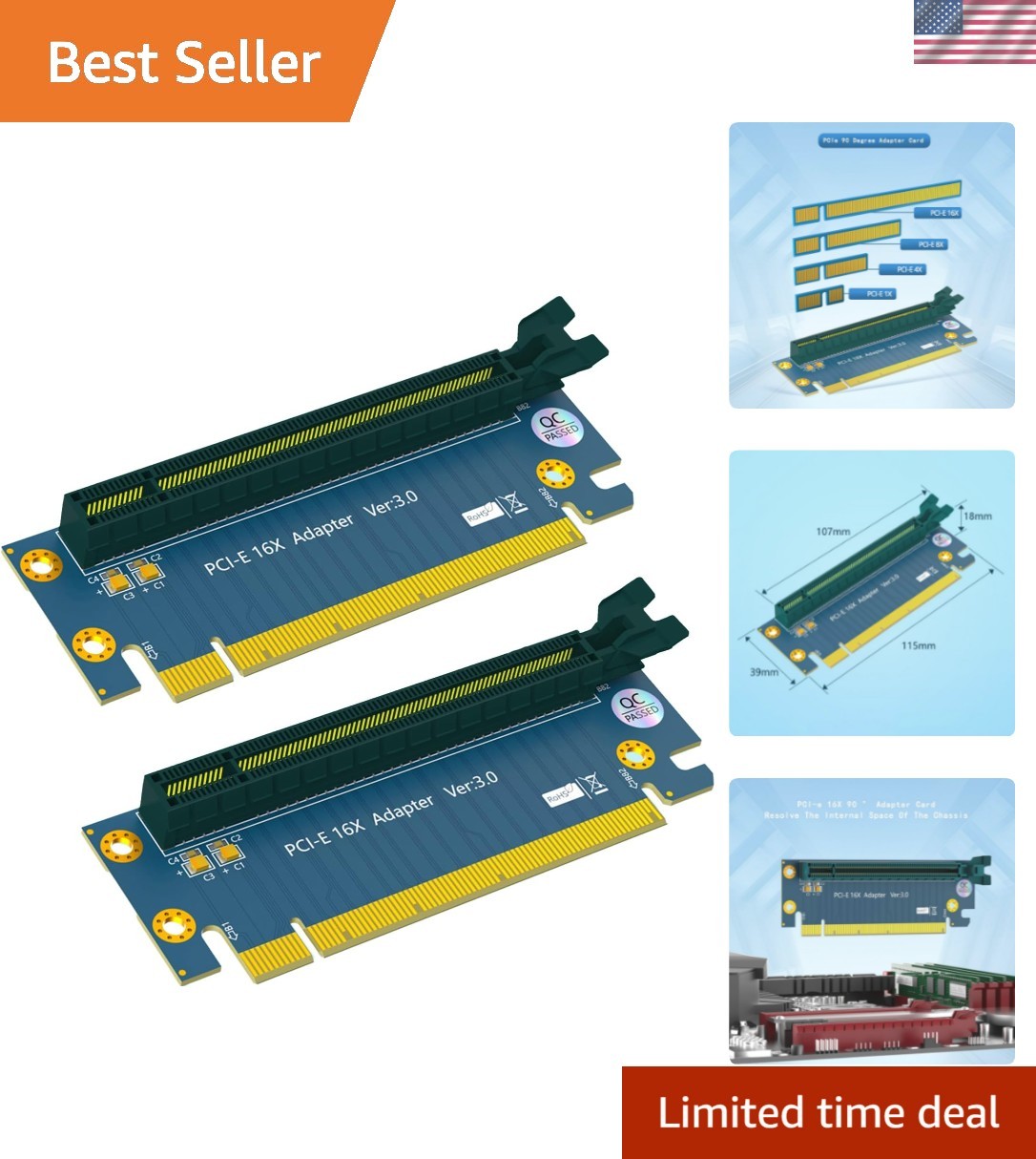 2Pack PCI Express 16X Riser Card, PCI-E 3.0 16X Extension Cable 90 Degree Hig...