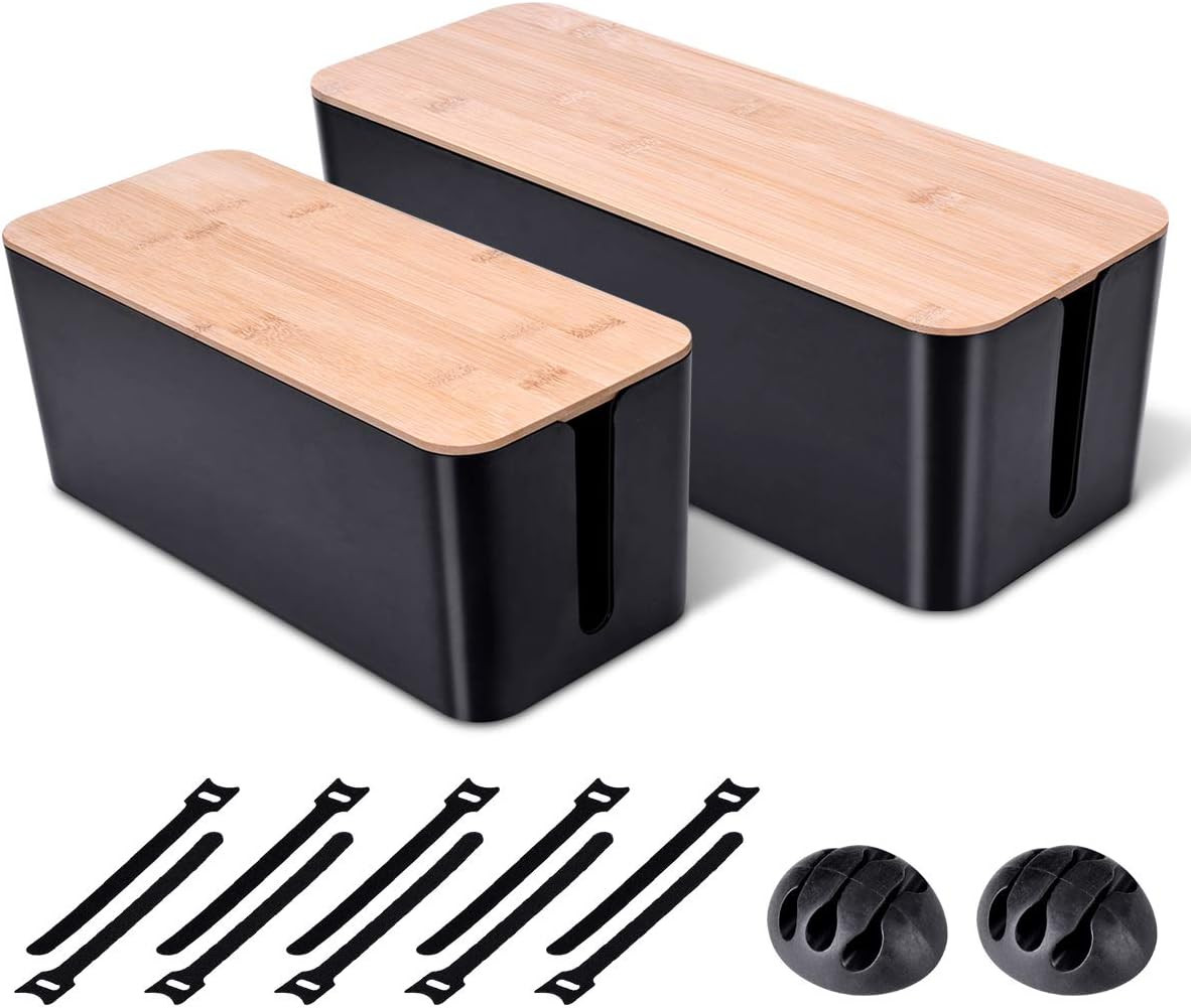 2 Pack Large Cable Management Box – Wooden Style Cord Organizer Box and Cover...