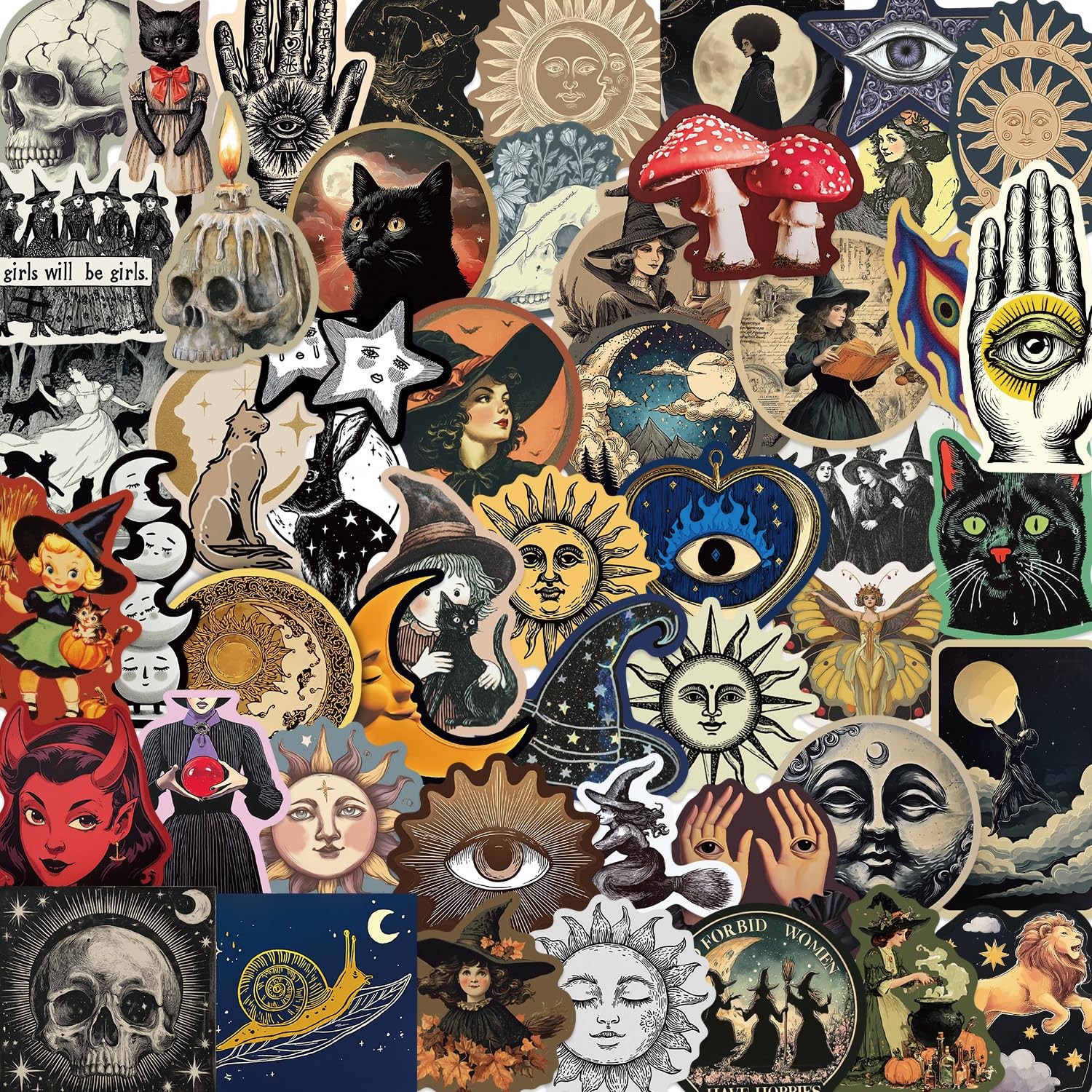 52Pcs Mysterious Celestial Stickers Pack, 1.6 to 2.4 inches, Witch