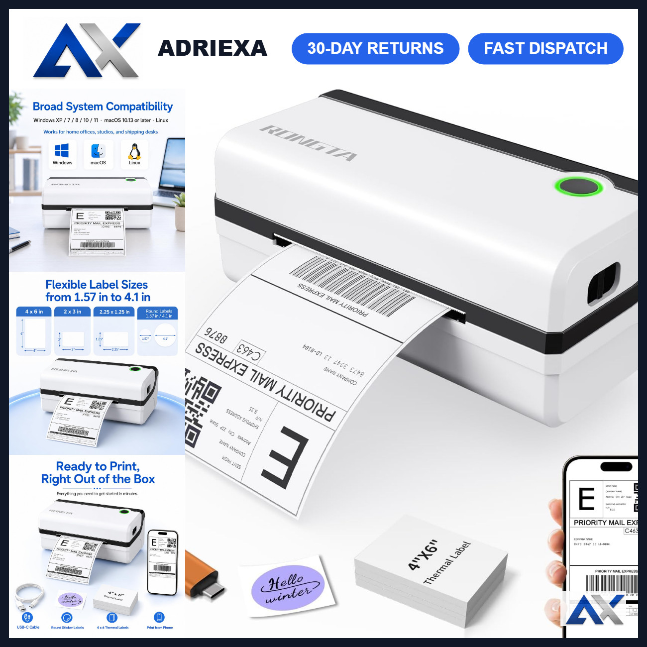 Wireless Bluetooth 4x6 Thermal Shipping Label Printer for E-Commerce, Android/iP