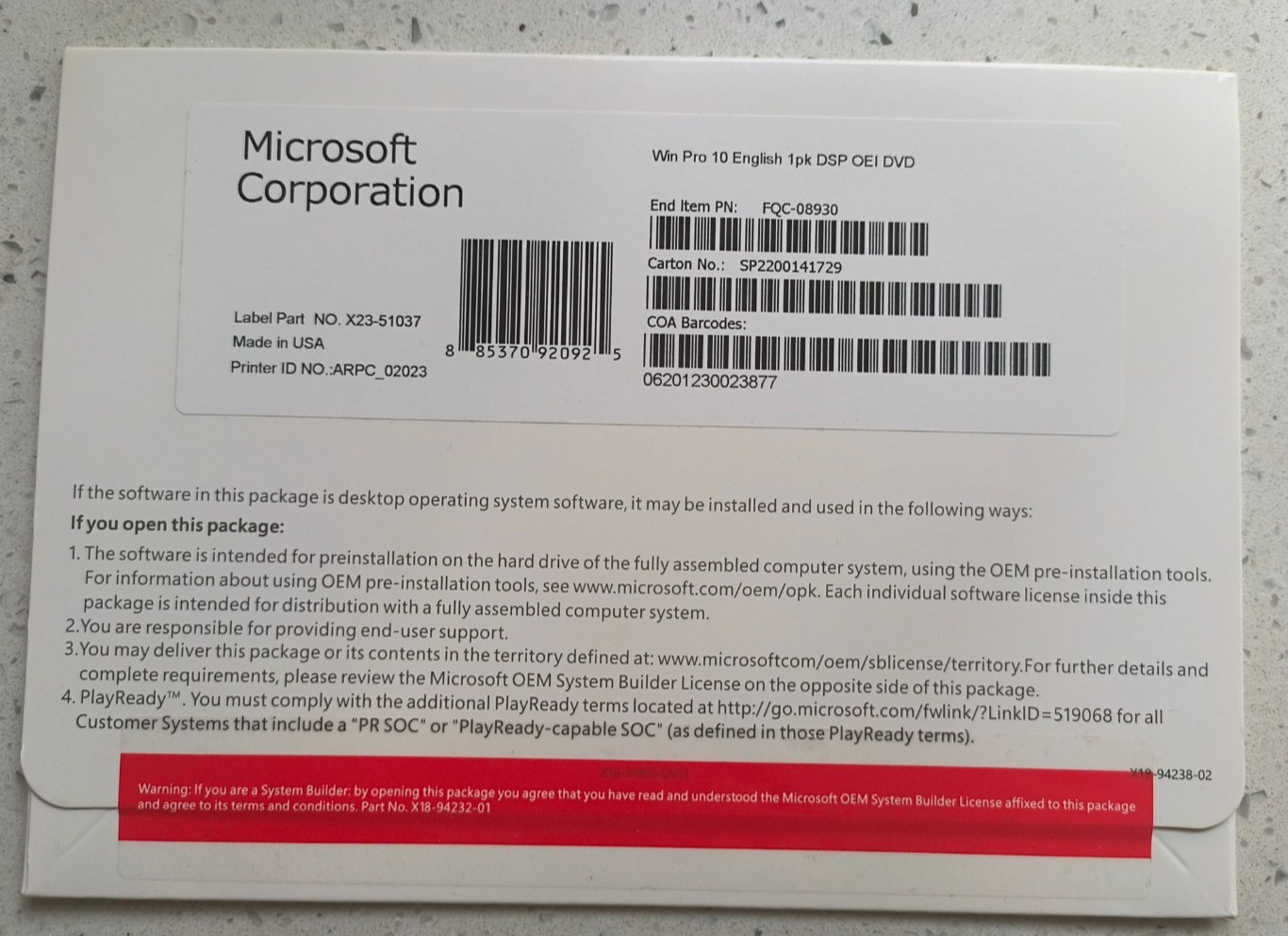 Win 10 Pro 64-bit Installation DVD with Activation Key Brand New + 