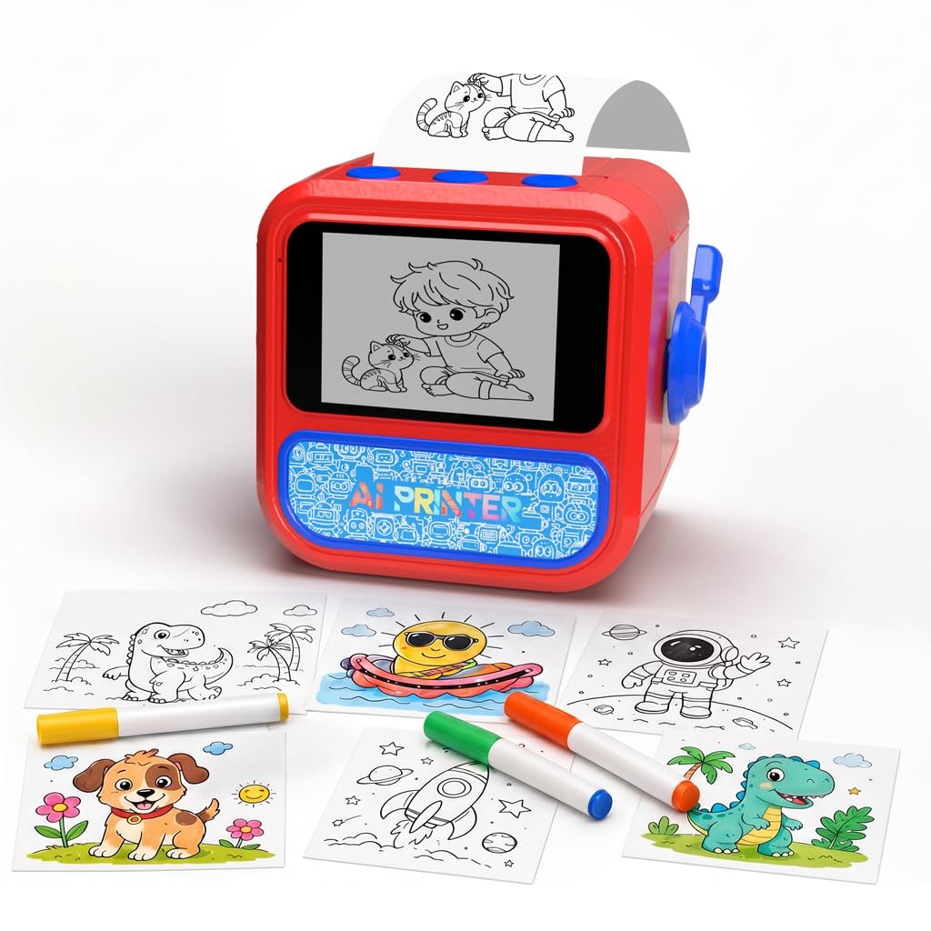 KIDZVILLE Stampi AI Voice Sticker Printer for Kids - Say It, Print It, Colour It
