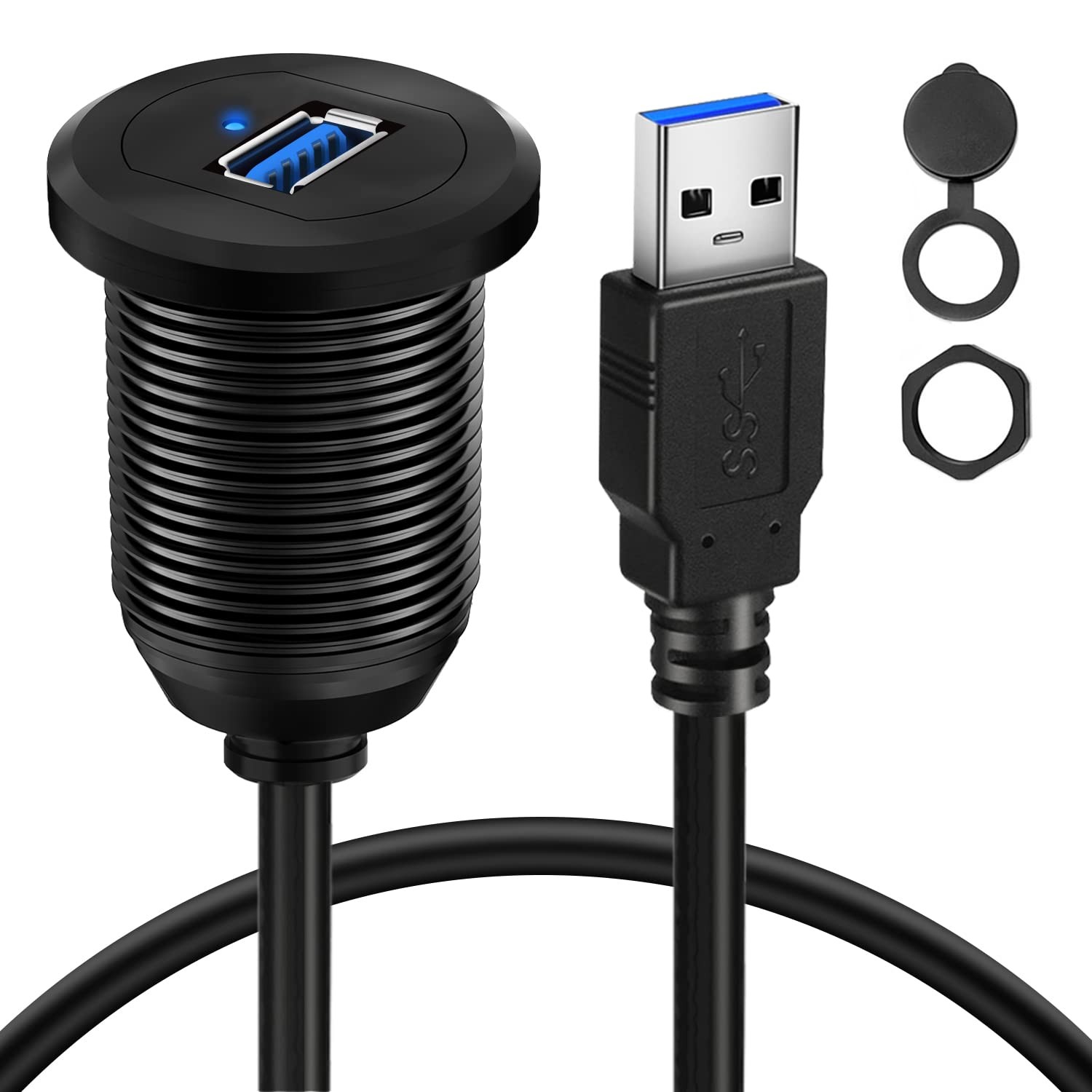 BATIGE Alloy Single Port USB 3.0 Dashboard Car Mount Flush 3ft, Black