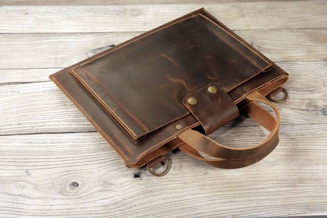 Hand stitched leather slim small lightweight laptop bag portfolio padfolio