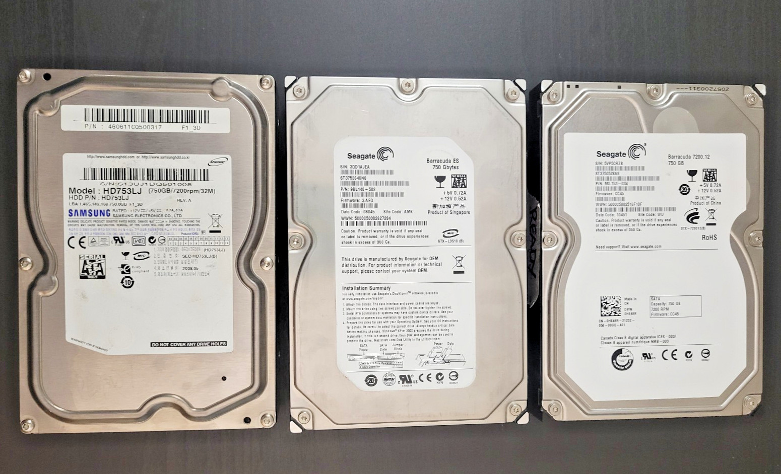 Lot 3 750GB 3.5” SATA Hard Drives HDD Seagate Barracuda ES Samsung TESTED A+