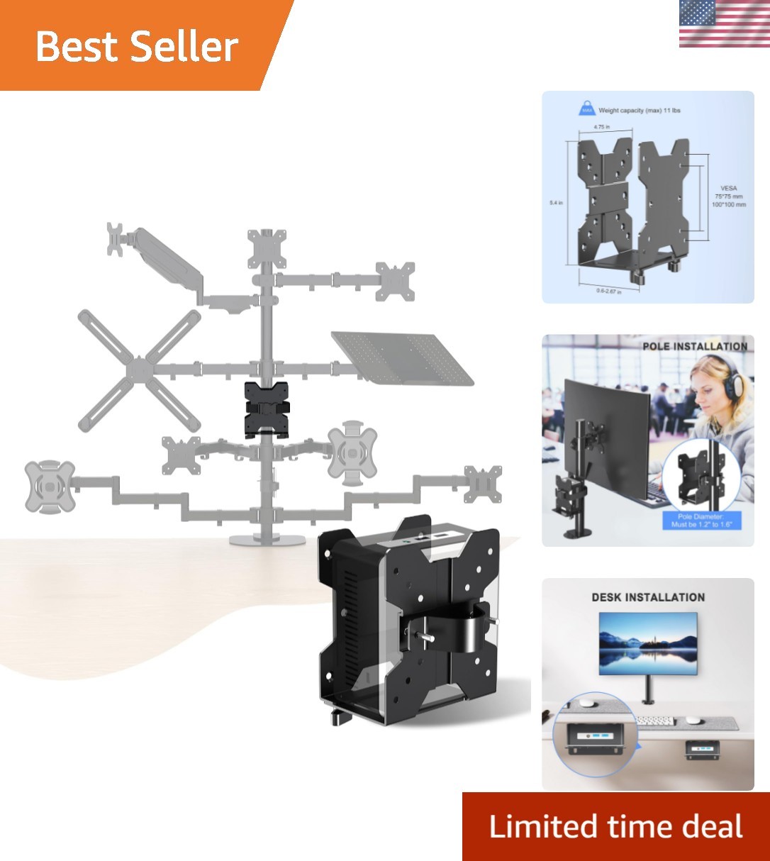 Adjustable Thin Client Mini PC Mount Bracket,CPU VESA Under Desk and Monitor ...
