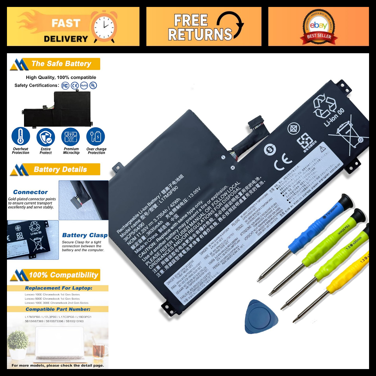 Laptop Battery Replacement for Lenovo Chromebook 100e/300e Series, 42Wh 3735mAh