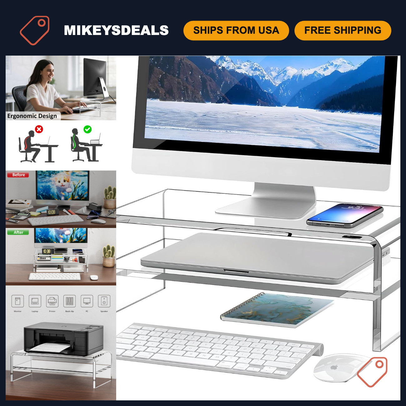 Clear Acrylic Monitor Stand Riser, 2-Tier Desk Organizer, 5.12" High for PC & La