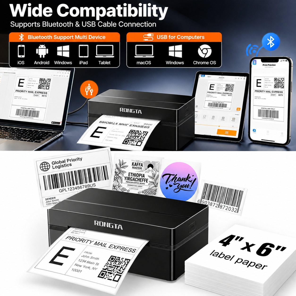 RONGTA RP425 Bluetooth Thermal Shipping Label Printer 4x6 USB Wireless