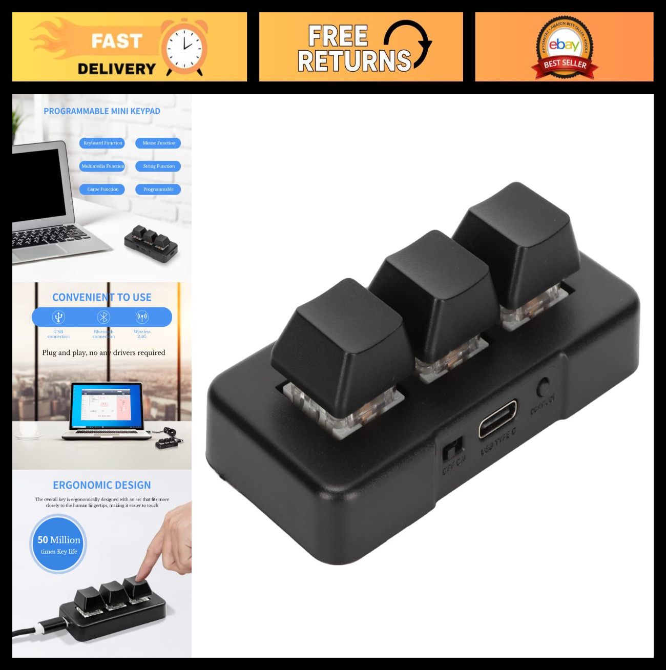 3-Key Programmable Bluetooth Mini USB Keypad, RGB Backlit Gaming Keyboard, Ergon