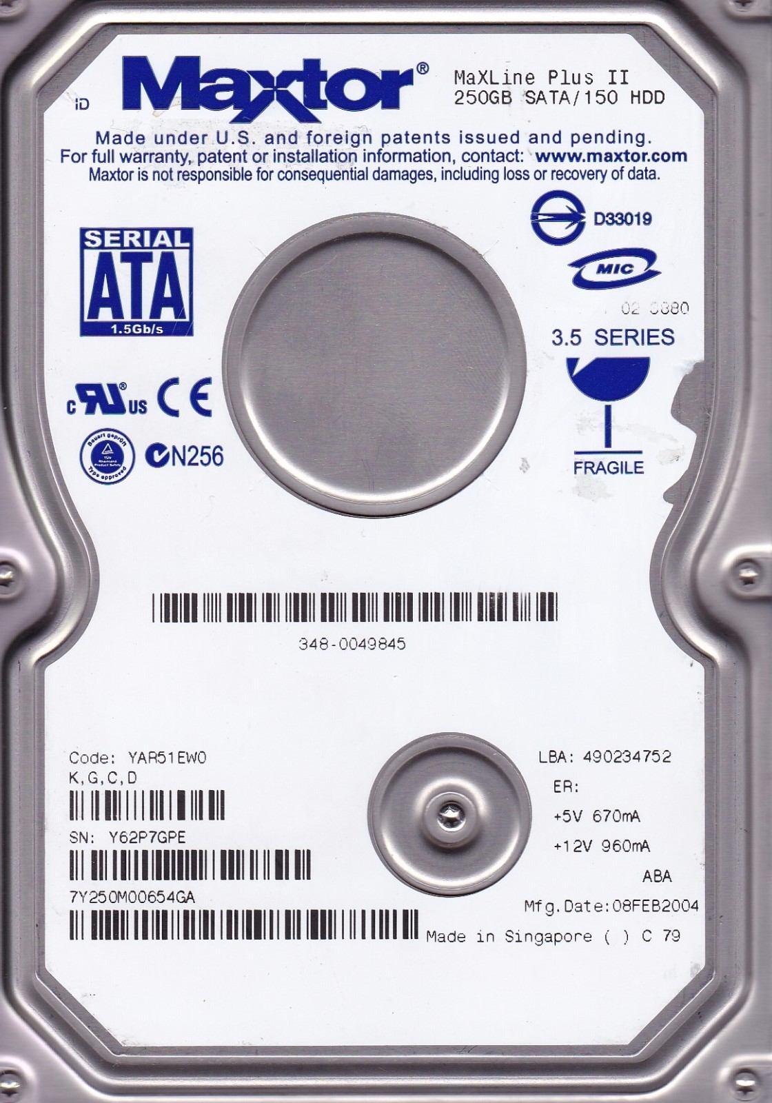 FOR DATA RECOVERY Maxtor MaxLine Plus II  7Y250M0  BAD SECTOR 6217