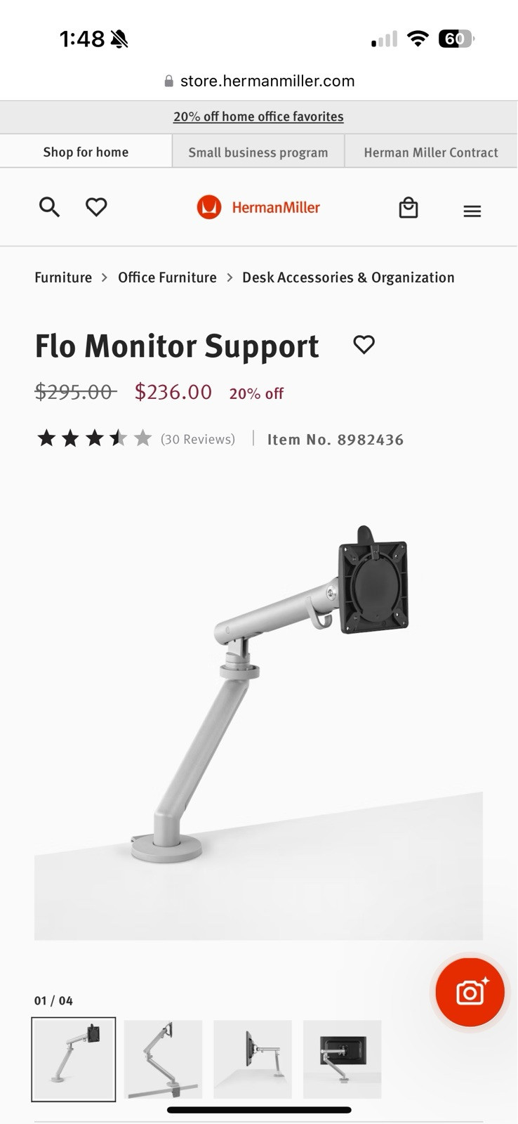 USED HERMAN MILLER CBS FLO MONITOR ARM CLAMP MOUNT SILVER