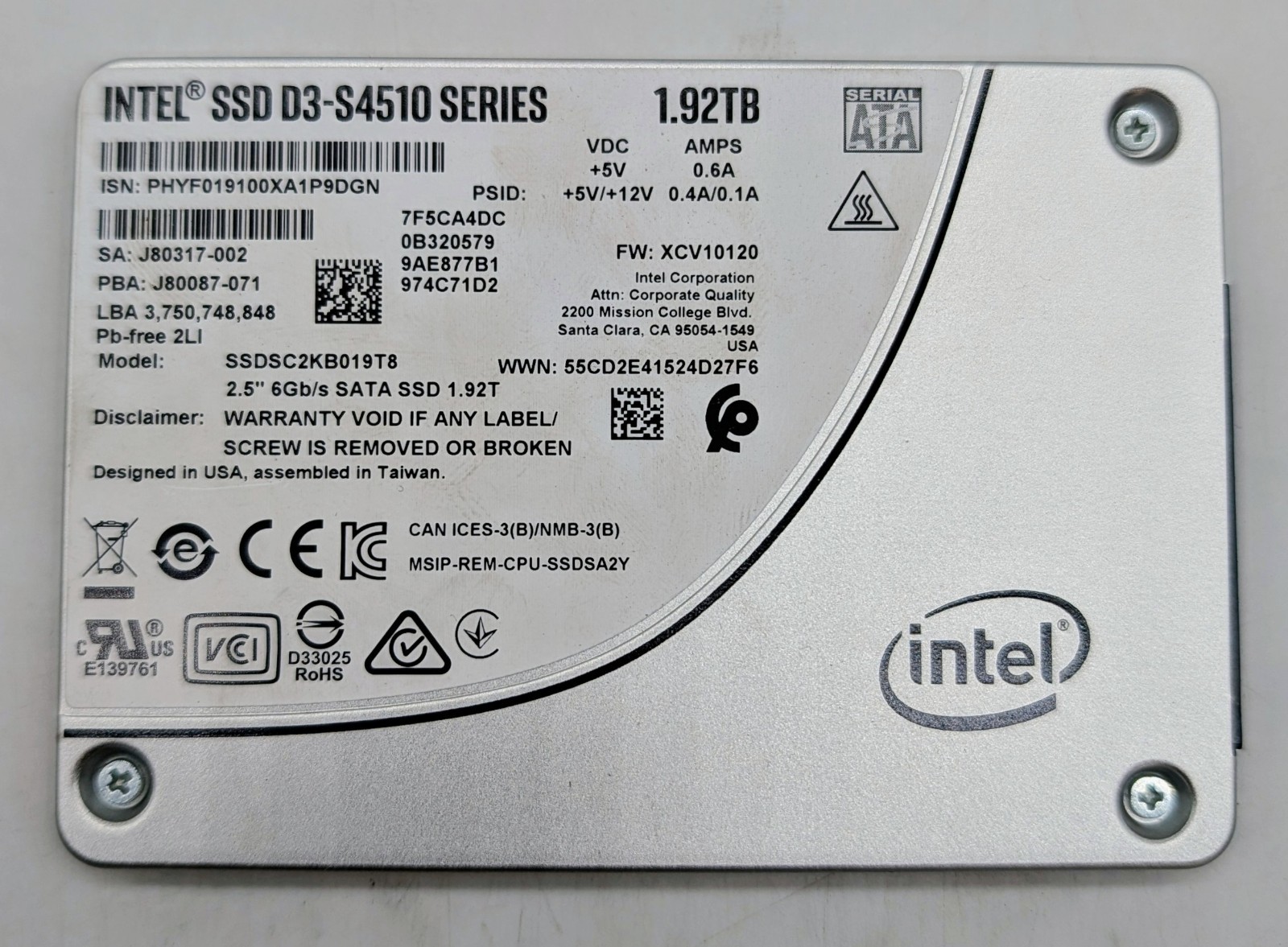 INTEL 1.92tb SSDSC2KB019T8R D3-S4510 SATA 6GB/s 3D2 TLC 2.5inch SSD