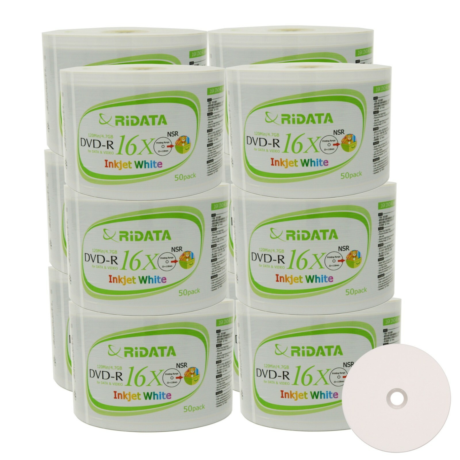 600 Pack Ridata DVD-R 16X 4.7GB White Inkjet Hub Printable Blank Recordable Disc