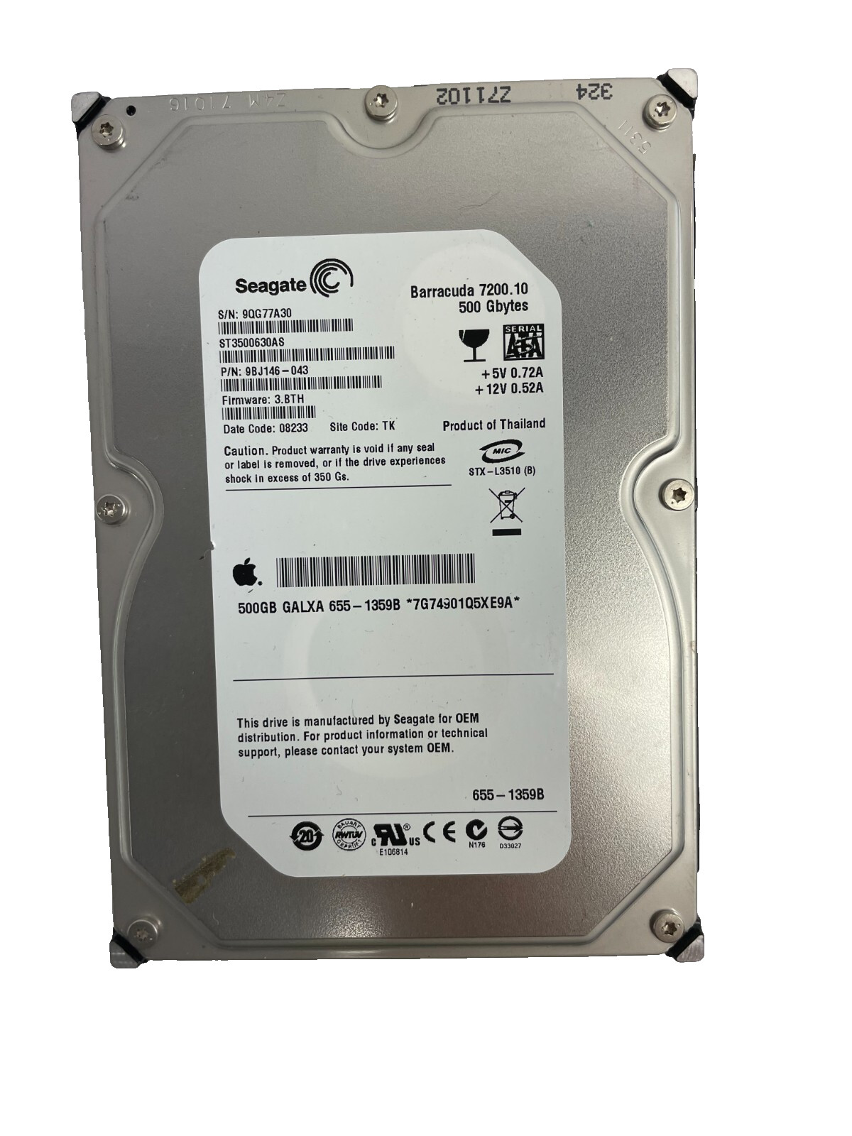 Seagate Model ST3500630AS Barracuda 7200.10 Series 500Gbytes Cache 16MB