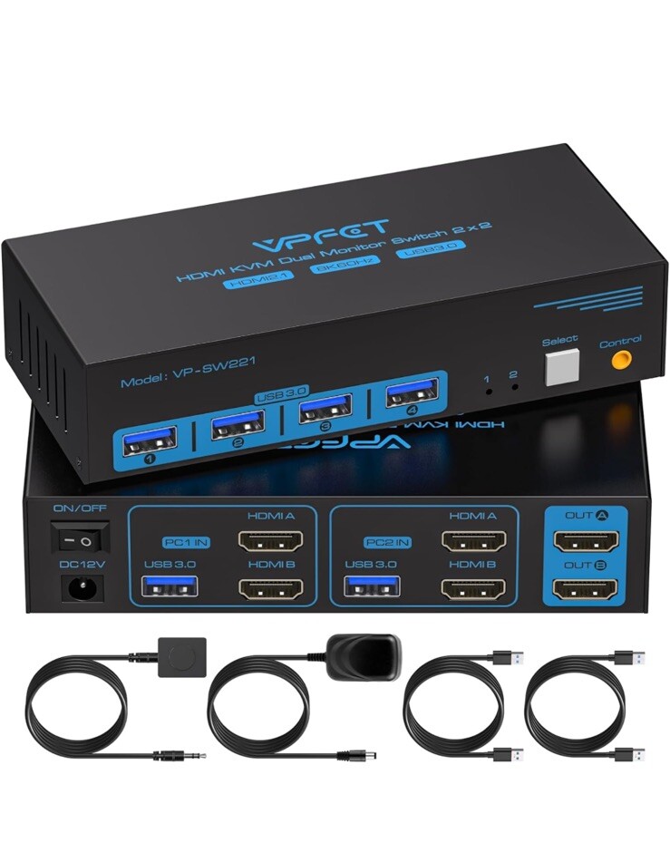 8K@60Hz HDMI Displayport KVM Switch USB 3.0 2 Monitors 2 Computers 4K@120Hz