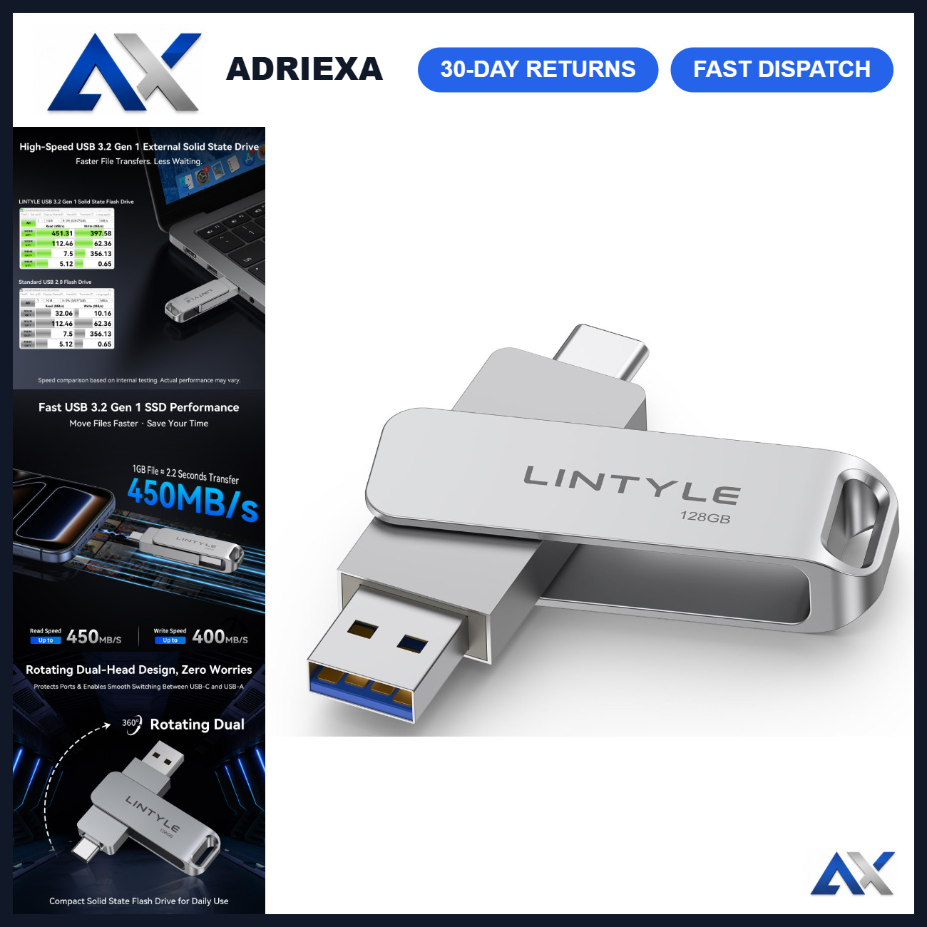 128GB External SSD Portable Flash Drive, High-Speed Up to 450MB/s, USB 3.0 Stora