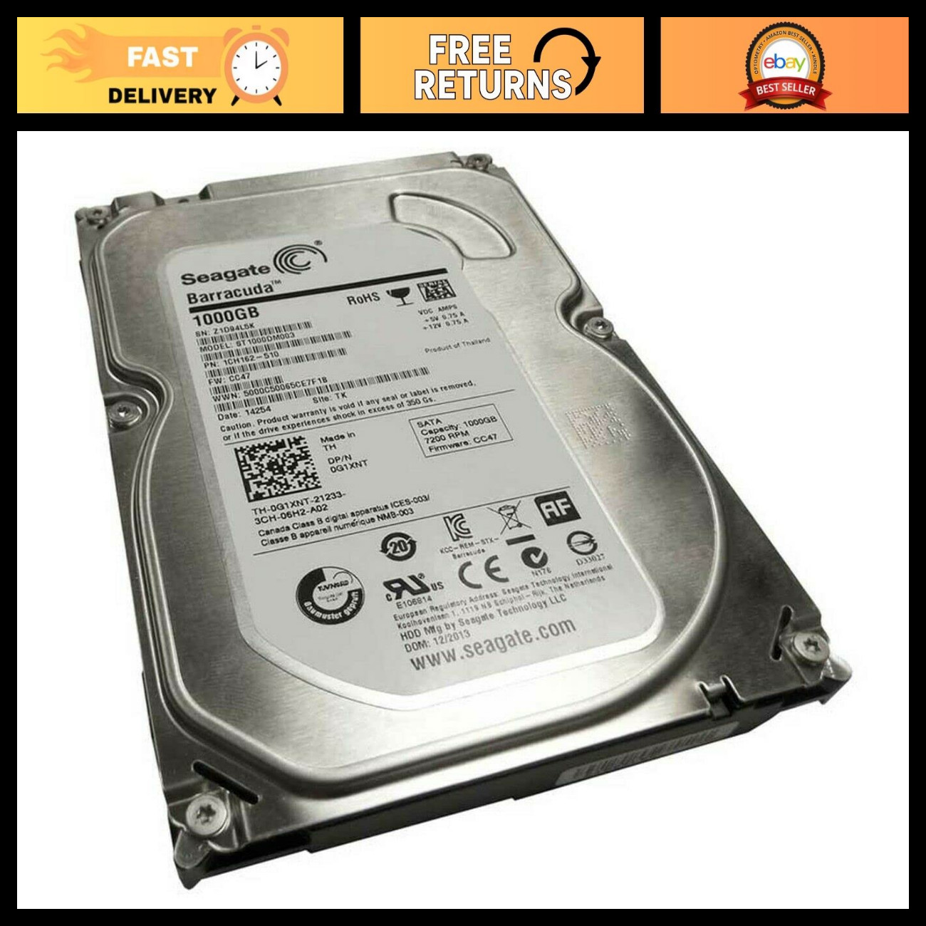 1TB Internal Desktop Hard Drive - SATA HDD, 7200 RPM, High Capacity Storage