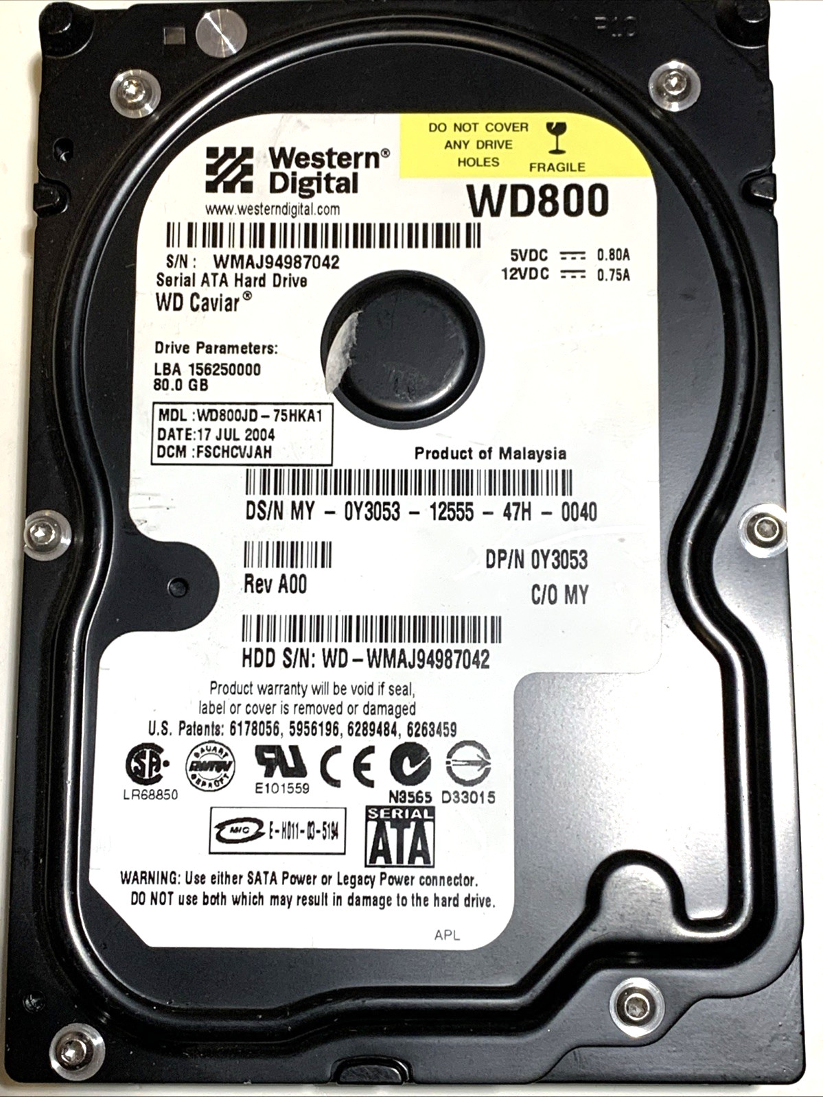 WESTERN DIGITAL WD800JD-75HKA1 80GB SATA HARD DRIVE  DCM: DSBHCTJCH