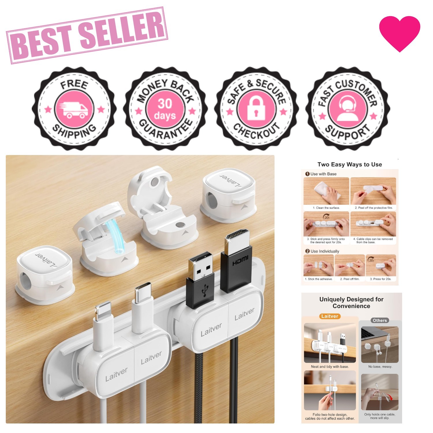 Durable Magnetic Cable Organizer - Easy Installation & Neat Desk Setup (6 Pack)