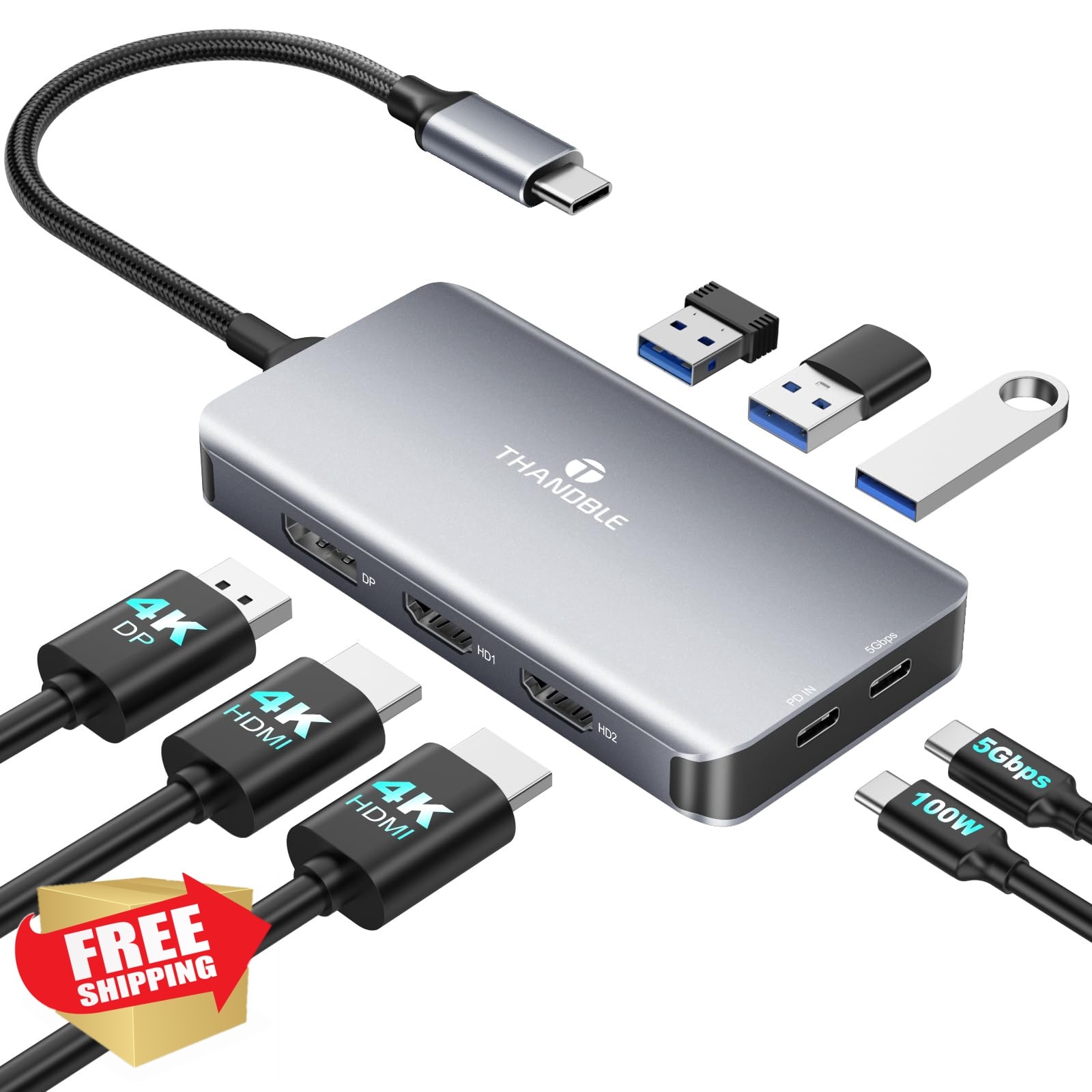 THANDBLE USB C Docking Station 3 Monitor Dual 4K