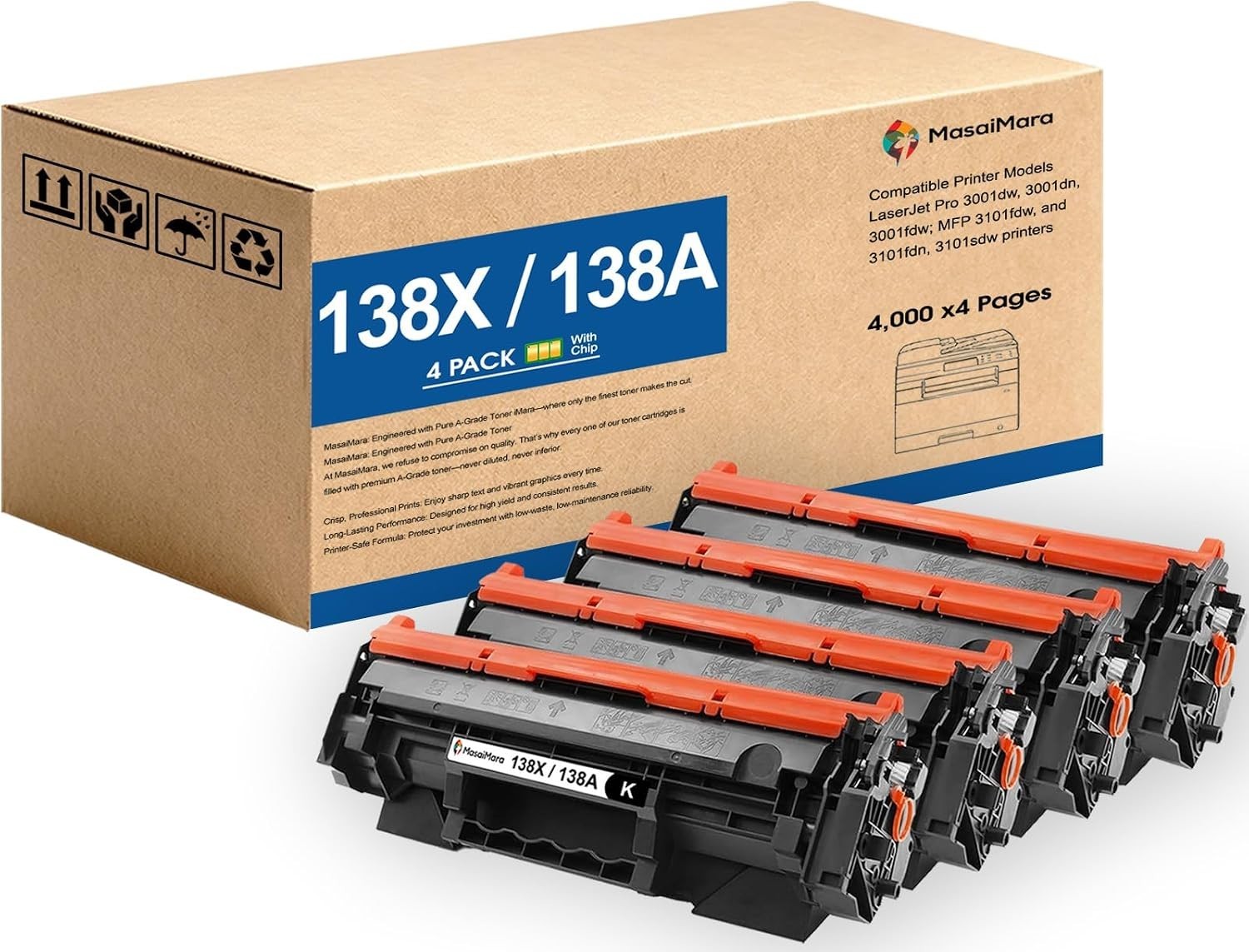 4 PACK Compatible w/ HP 138X W1380X Black Toner 3001 3101 High Yield Pro Quality