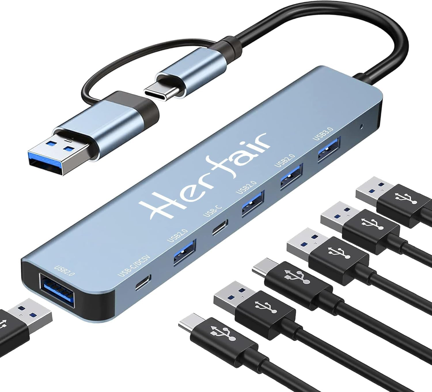 7 Port USB C Hub Dual Connector USB 3.0 Splitter PD 60W Adapter