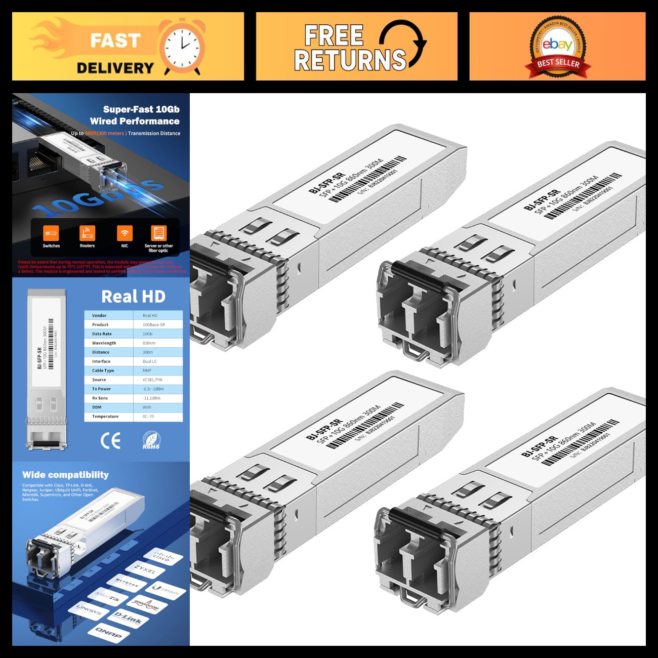 10G SFP+ LC Module 4 Pack, 10Gb 850nm Multimode Transceivers, 300m Range, Plug &