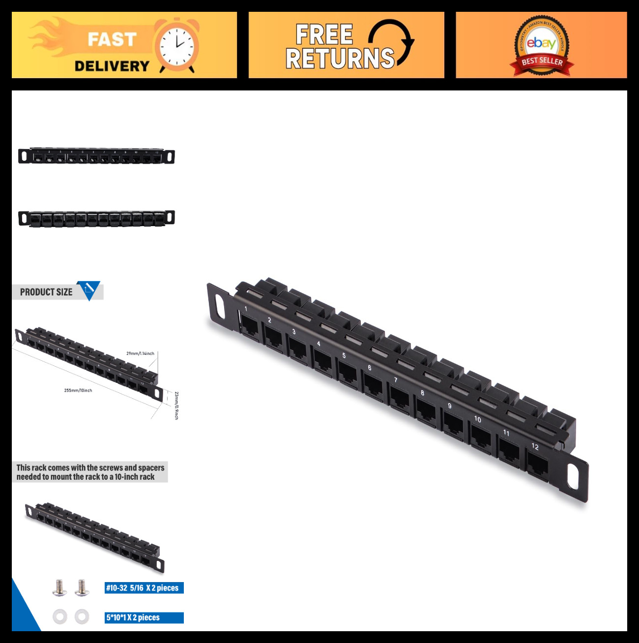 12 Port CAT6 Network Patch Panel, 10" 0.5U for Server Rack & Cabinet, DeskPi Com