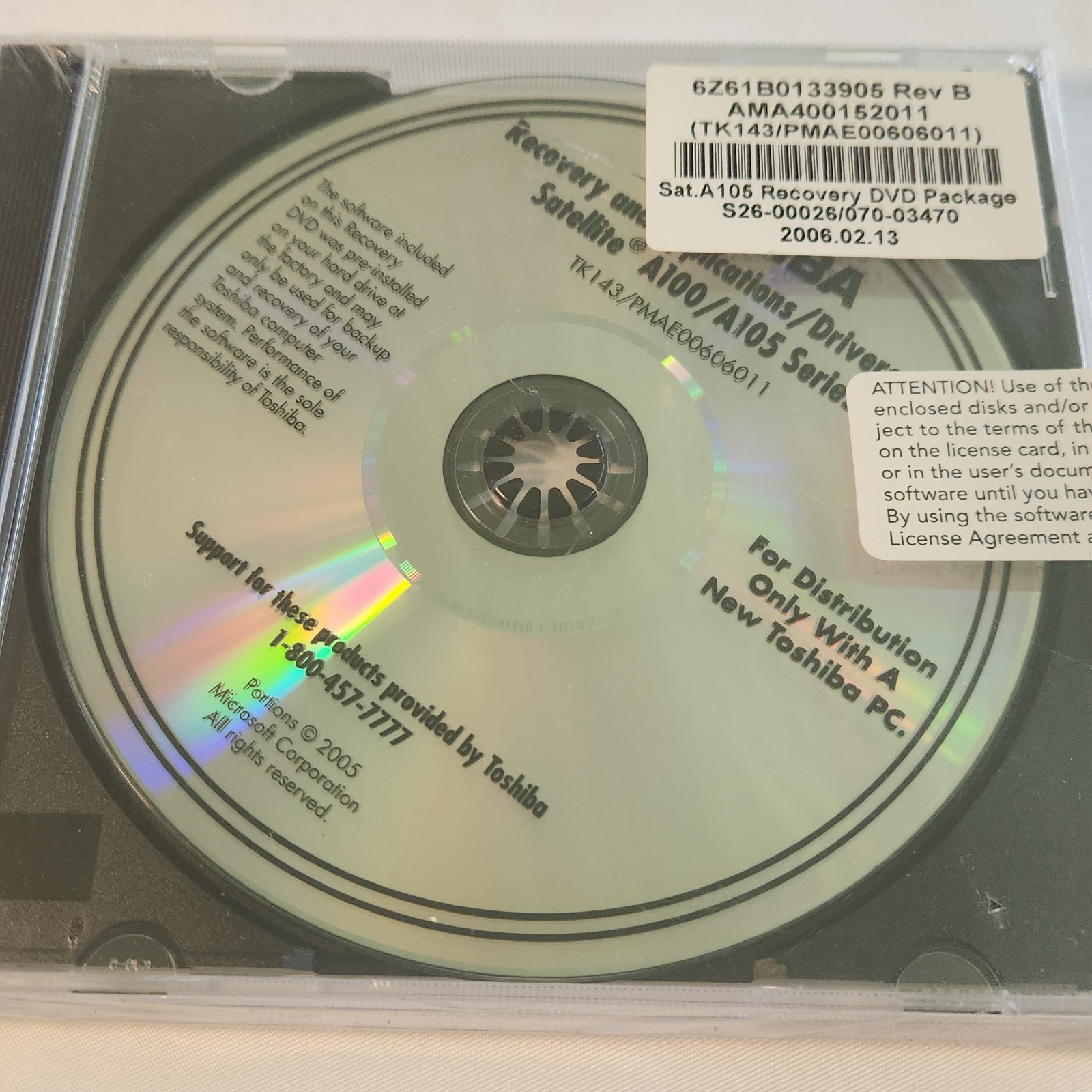 NEW SEALED TOSHIBA RECOVERY APPLICATIONS DRIVERS DVD SATELLITE A100 A105  