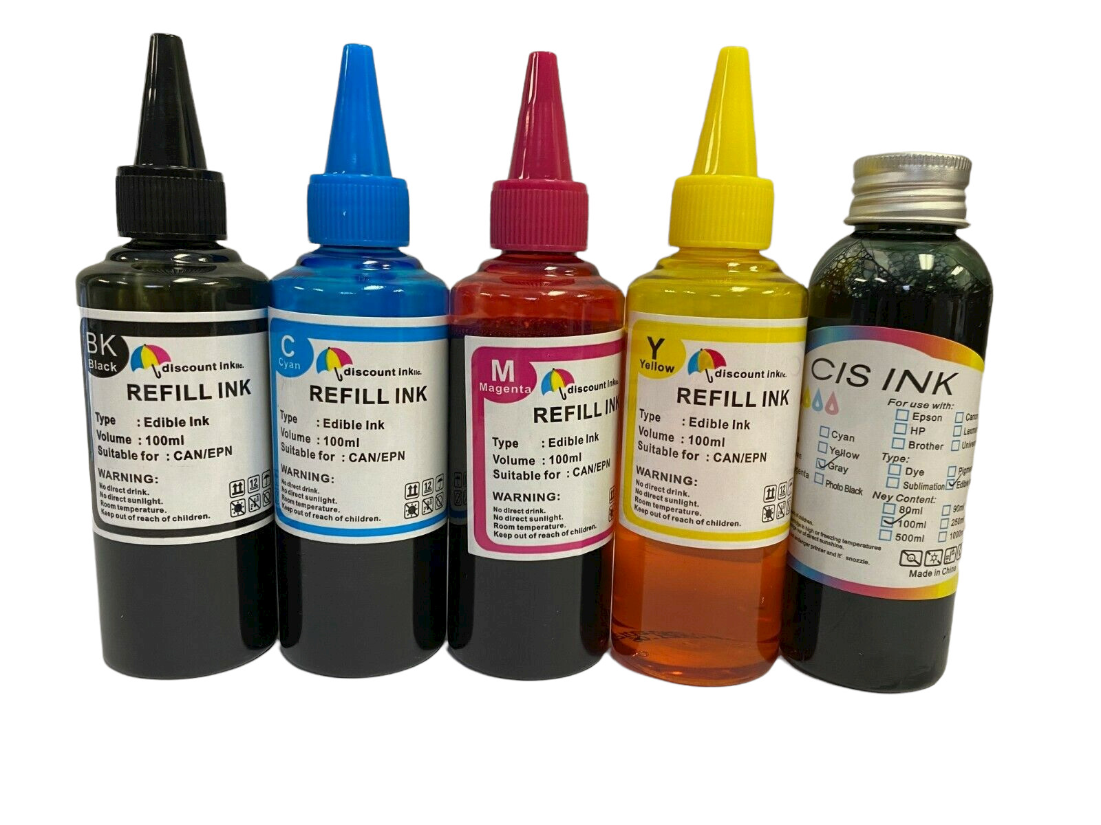 Edible Ink Refill Kit for Canon Epson Brother Printers 5x100ml Ink Bottles +Gray
