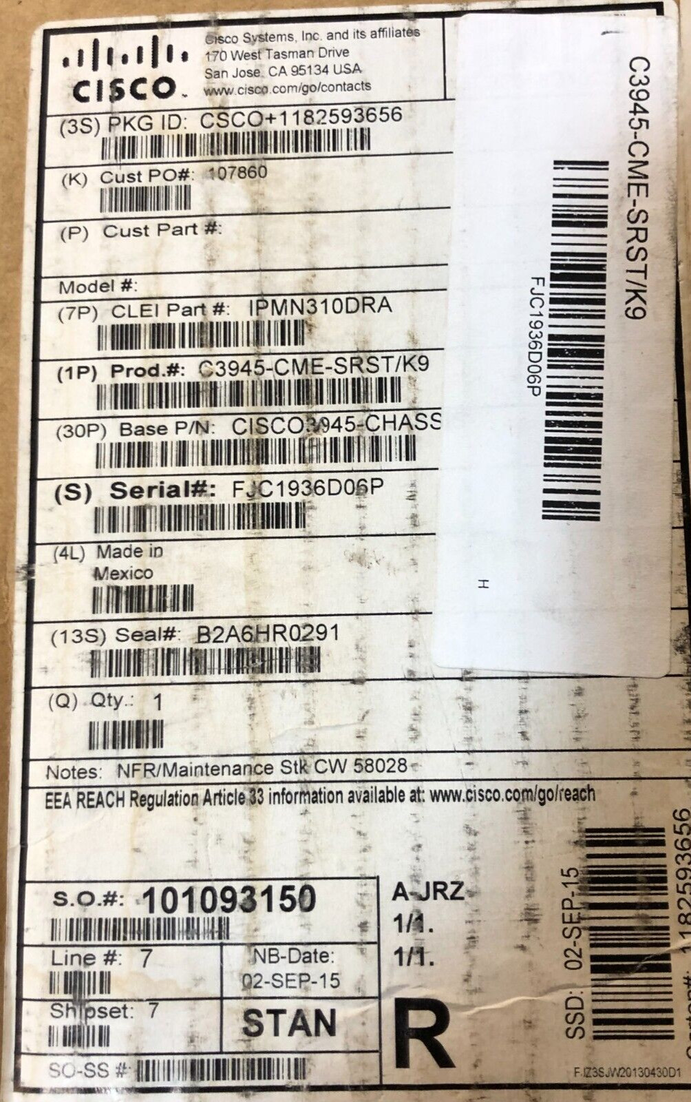Cisco C3945-CME-SRST/K9 Integrated Serv Router / NEW / CISCO CERTIFIED SEALED