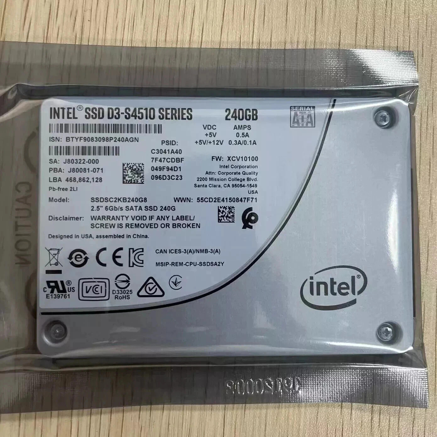Intel SSD D3-S4510 240GB Series SSDSC2KB240G801 2.5" SATA3 Solid State Drive 90+