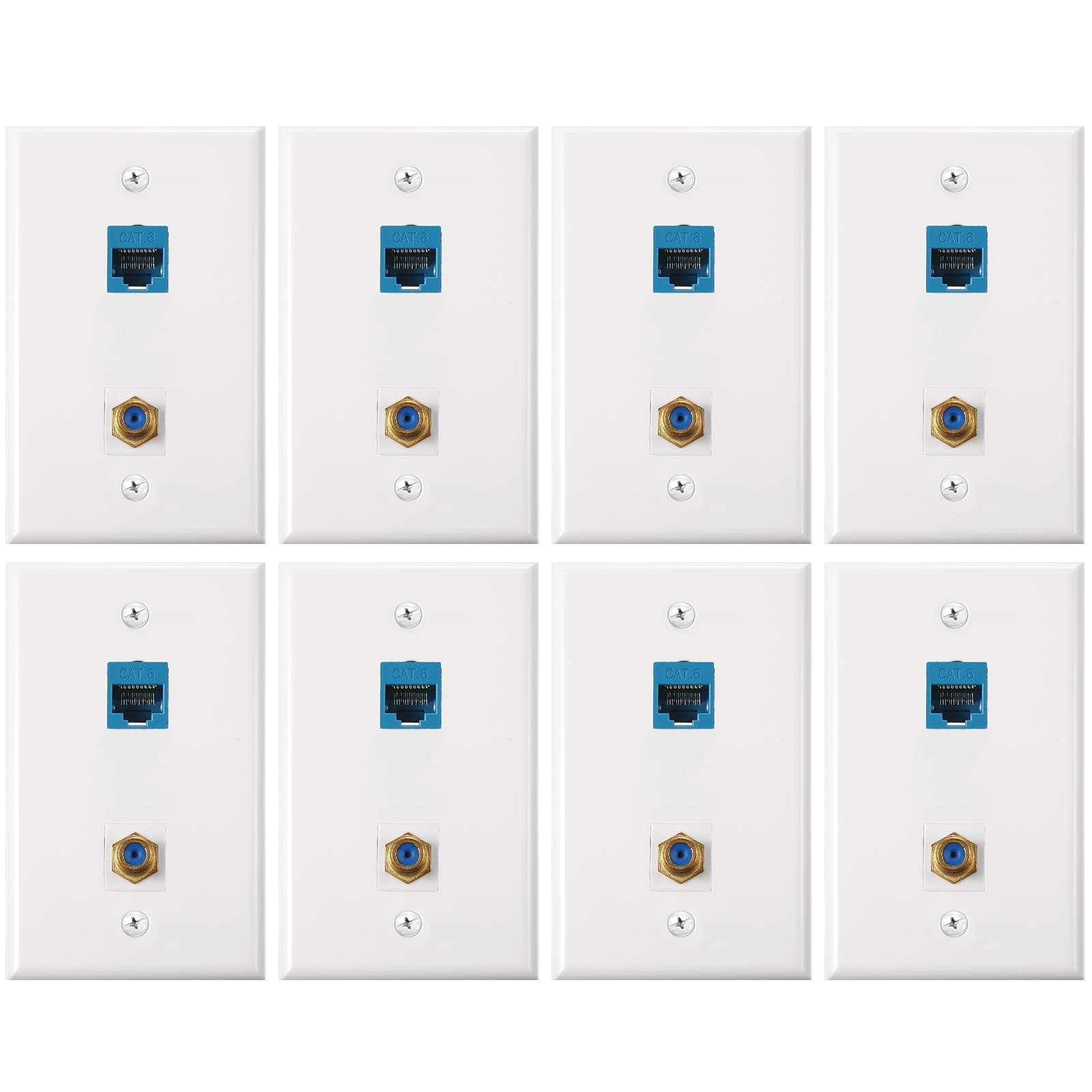 8 PCS Blue Cat 6 Ethernet Coax Wall Plate TV FType Port GoldPlated