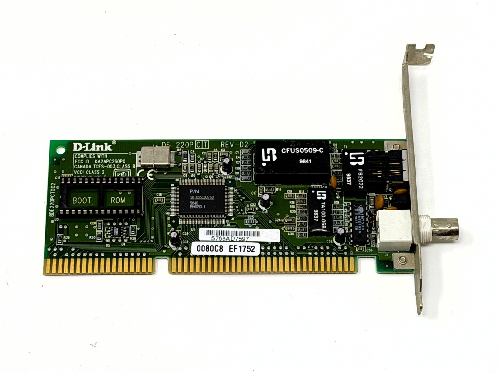 D-Link DE-220PCT Rev D2 16-Bit ISA Ethernet Card RJ45 BNC NE2000