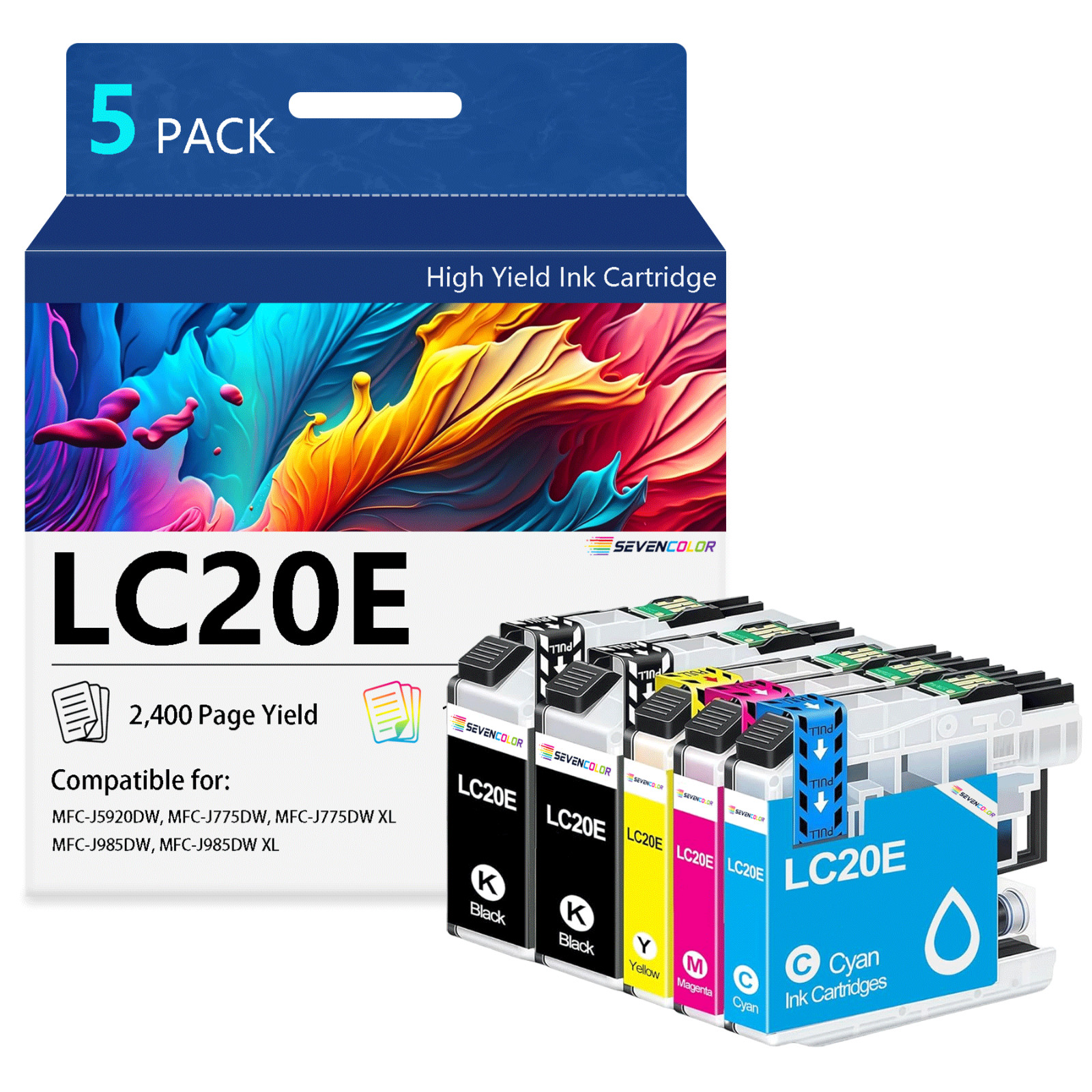 LC20E Ink Cartridges Super High Yield | 5 Pack 2Black 1Cyan 1Magenta 1Yellow