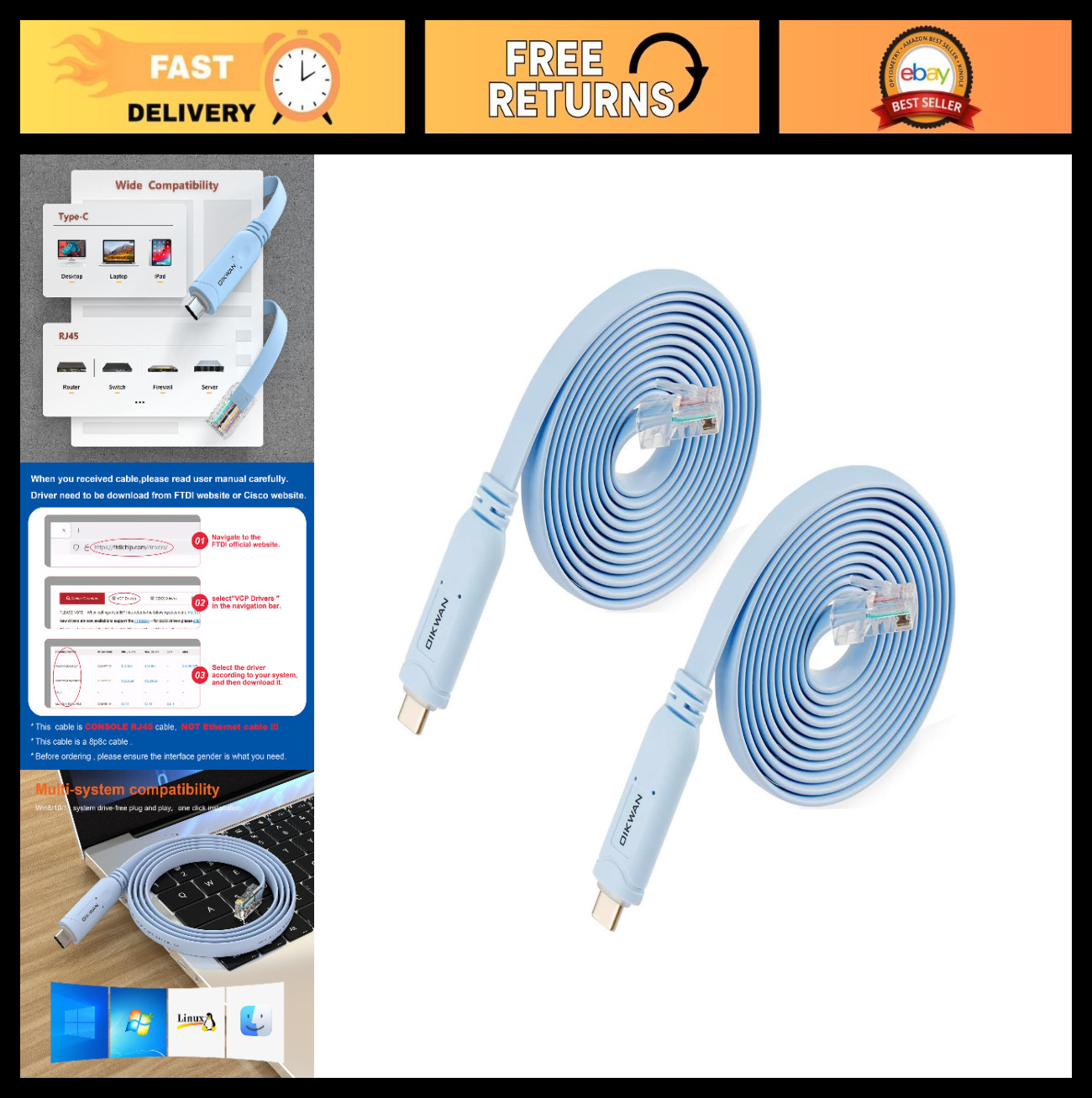 USB-C to RJ45 Console Cable 2-Pack, Compatible with Cisco Routers & Switches, Wi