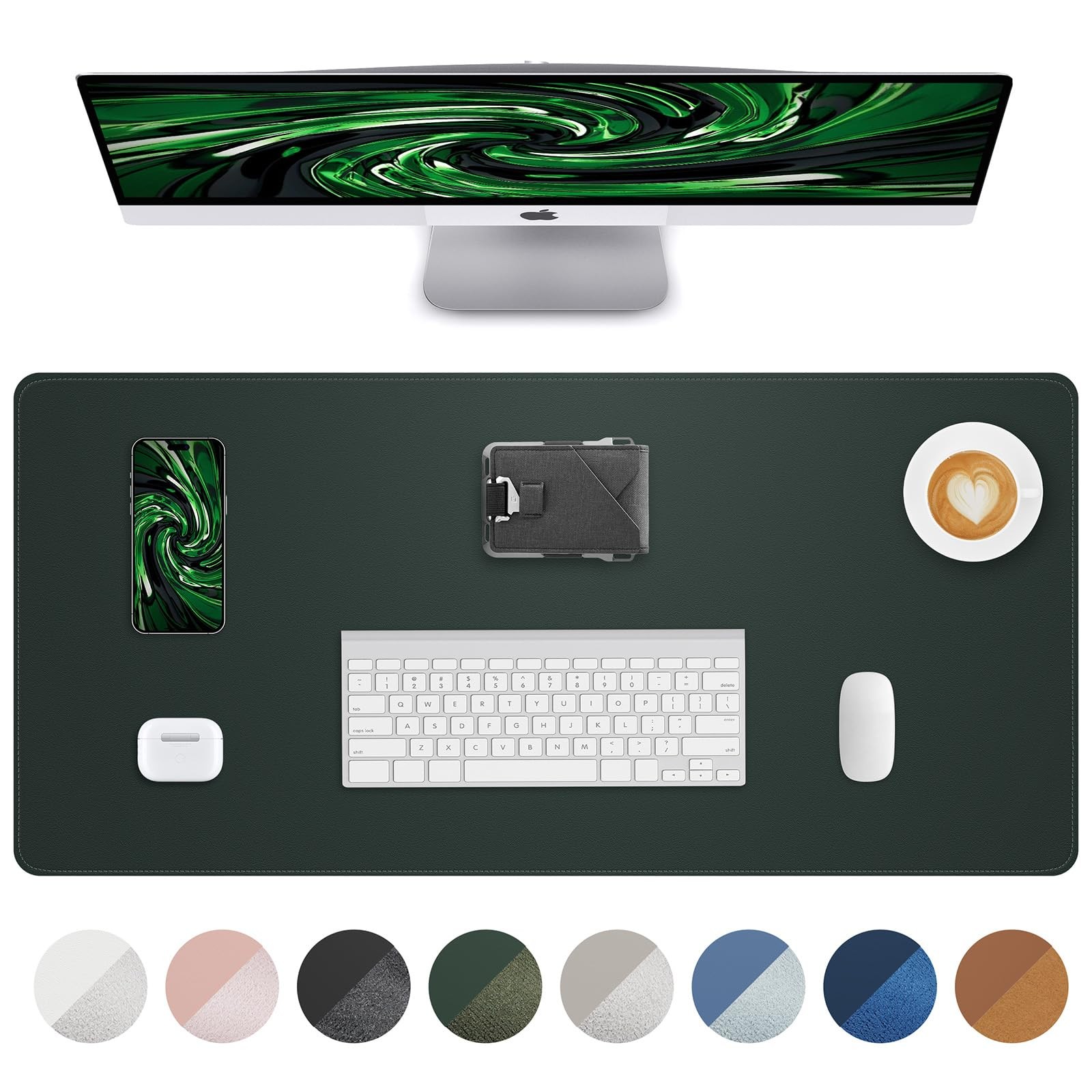 Leather Desk Pad Protector 36x17 Inch Dark Green Large Mouse Pad Non Slip